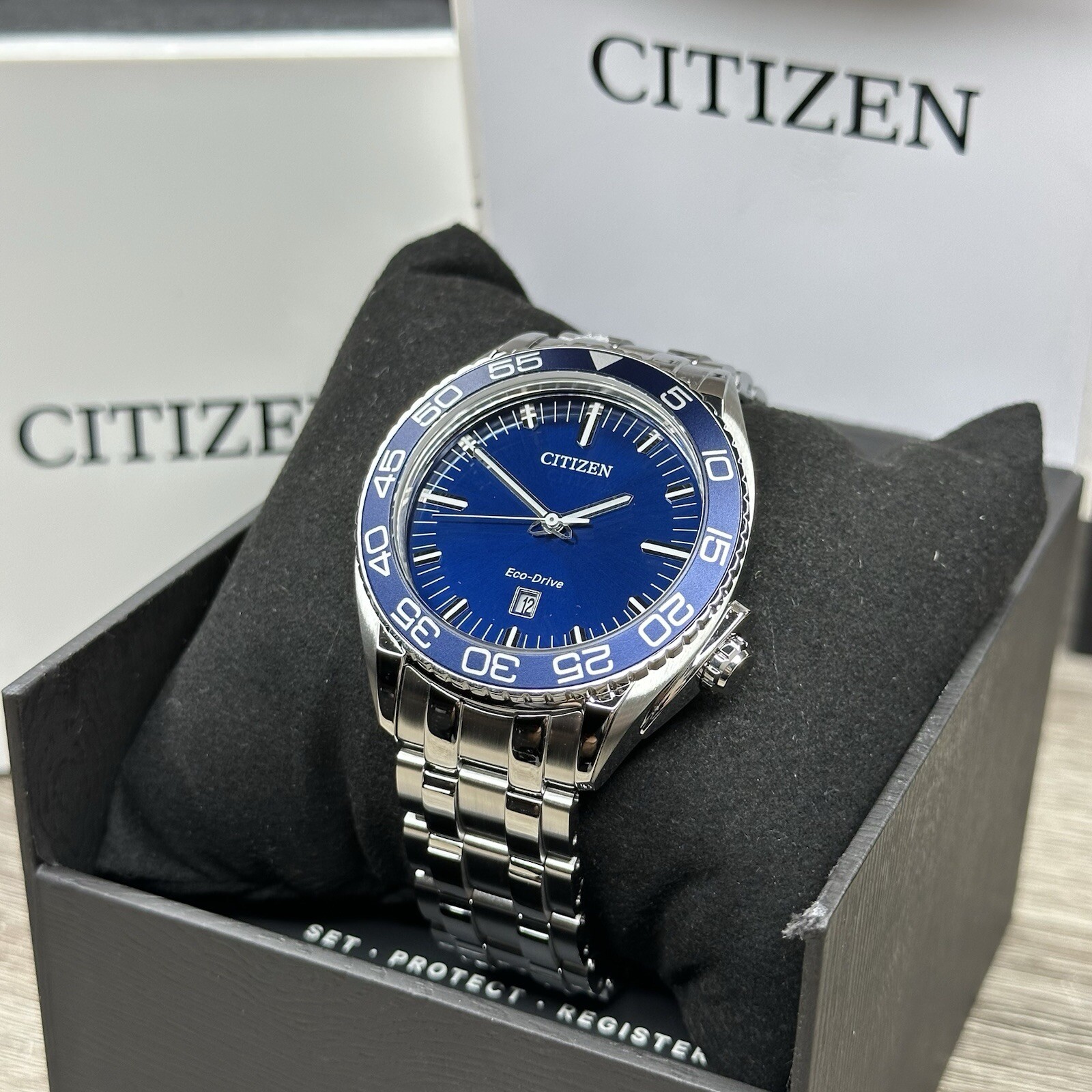 MSRP $525✅Citizen Eco-Drive Carson Silver Steel Blue Date Men’s Watch AW1770-53L