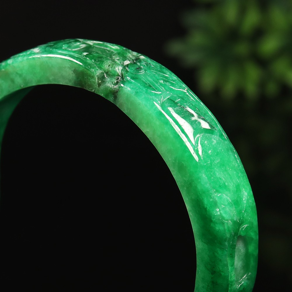 61mm Emerald Green Jadeite Jade Bangle Bracelet Coin Ruyi Flower Rabbit A-14885