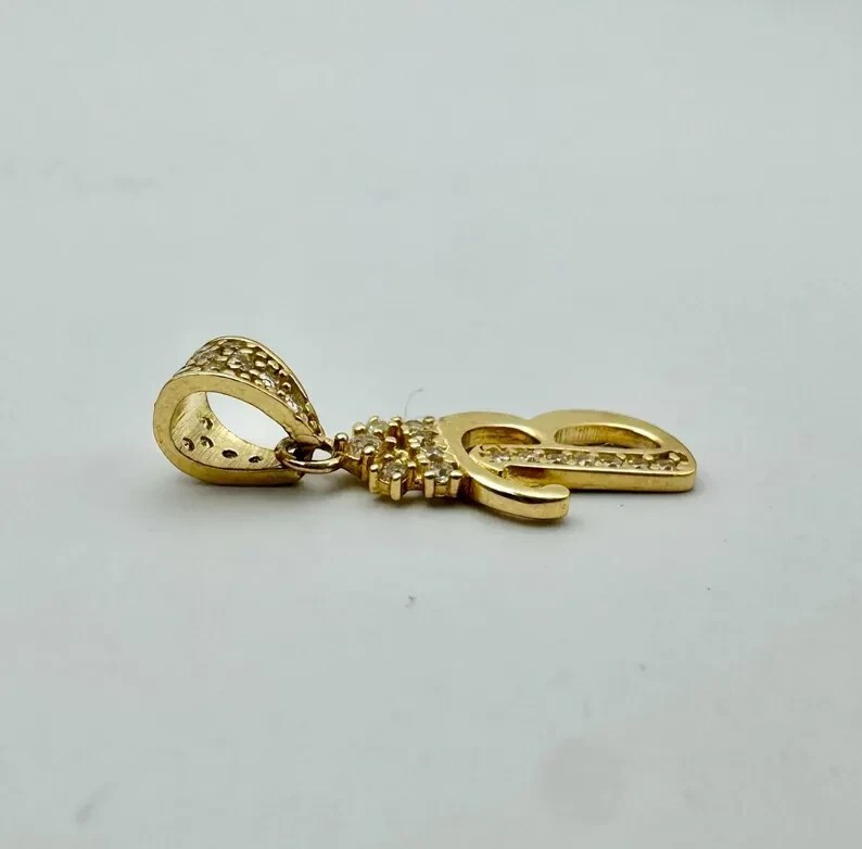 925 Sterling Silver Simulated Diamond “B” Vintage Pendant 14k Yellow Gold Plated
