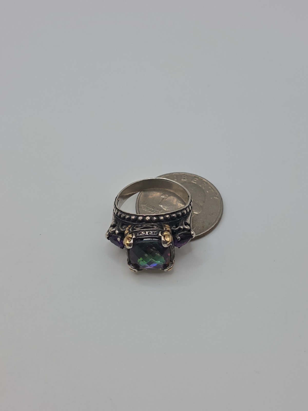 Barbara Bixby Sterling Silver 925 & 18k Mystic Topaz Amethyst Ring Size 9 8.5g