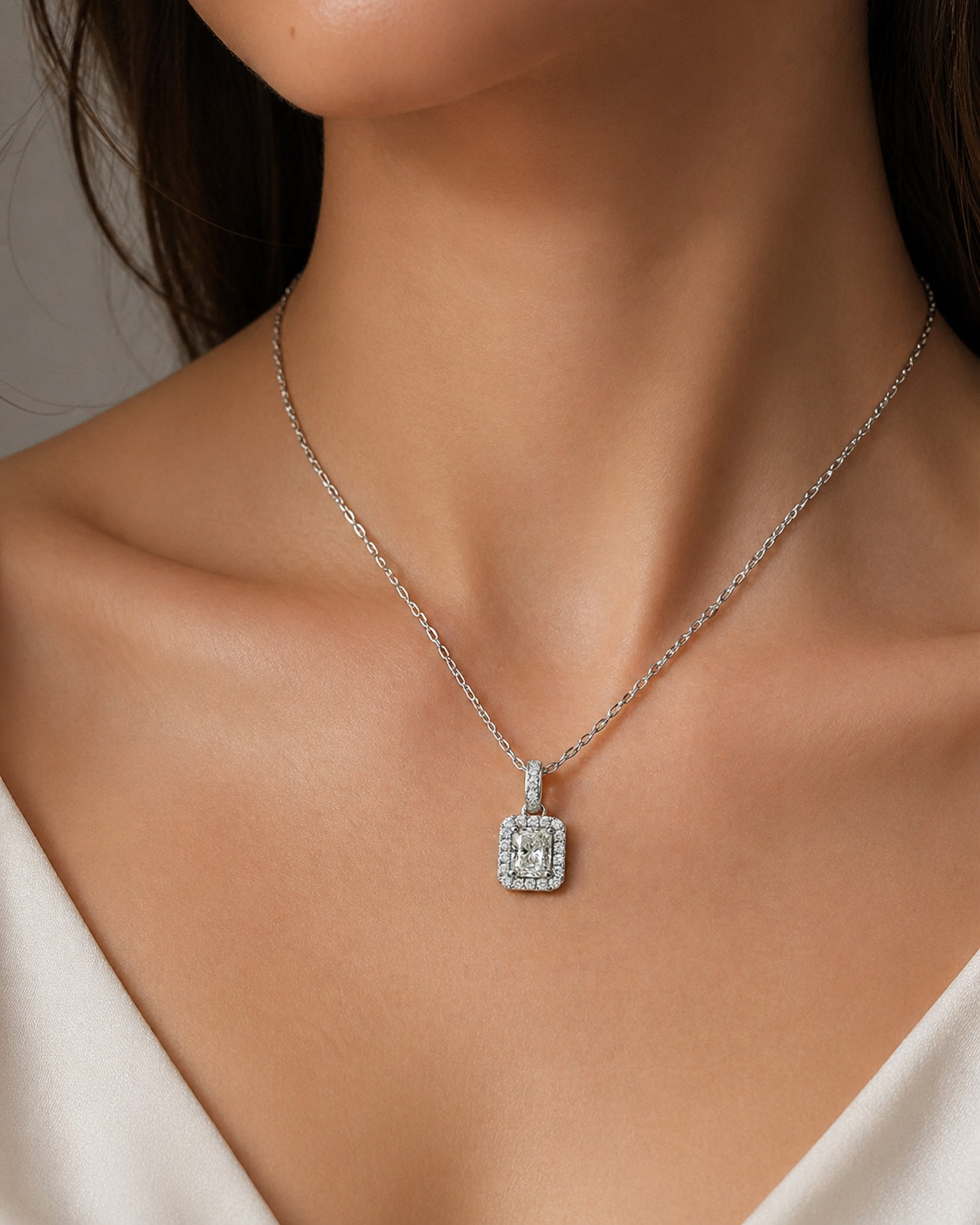 1.40ct Natural Radiant Diamond Halo Pendant Art Deco Necklace 18K White Gold