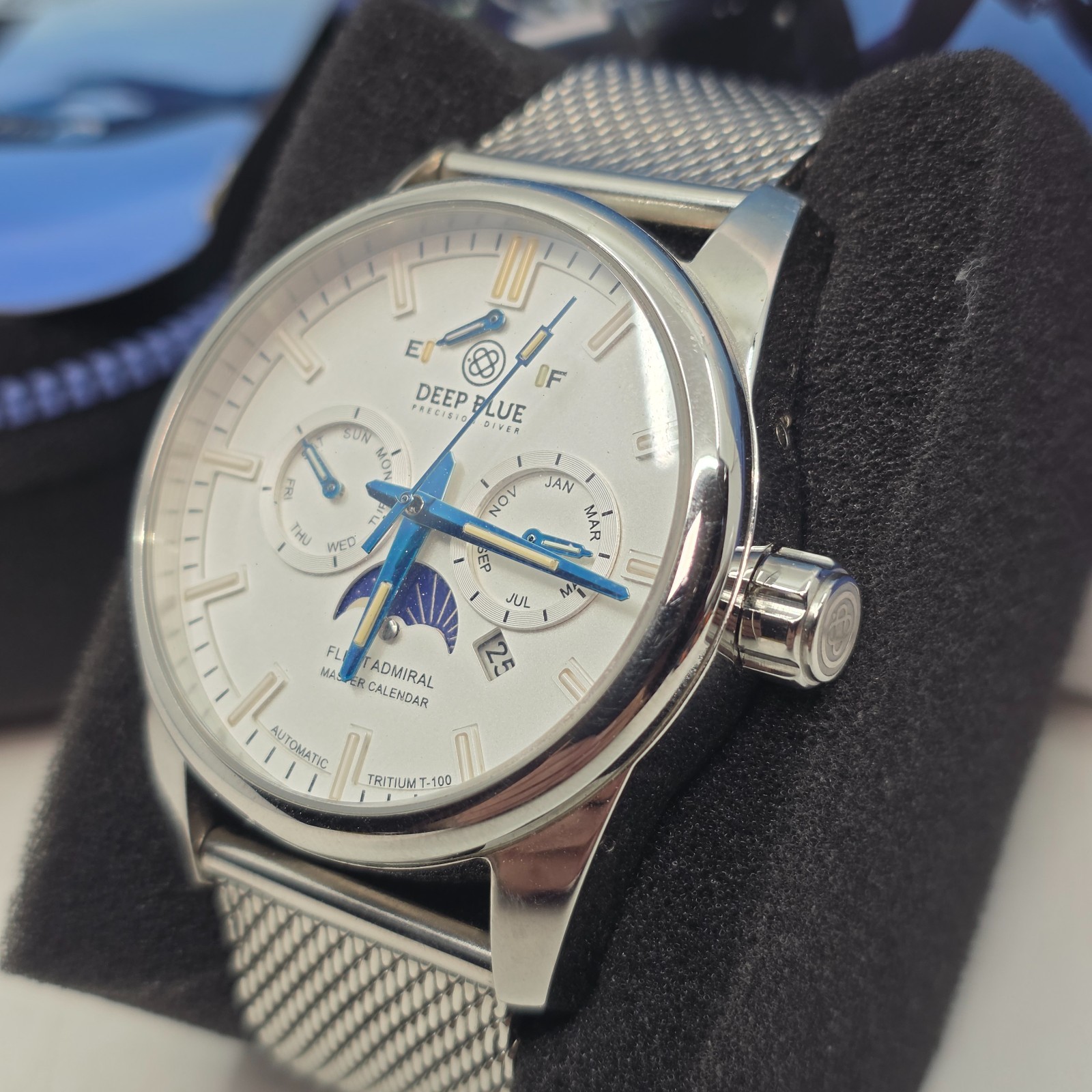 Deep Blue Fleet Admiral Master Calendar Automatic Watch/White Silvertone Dial
