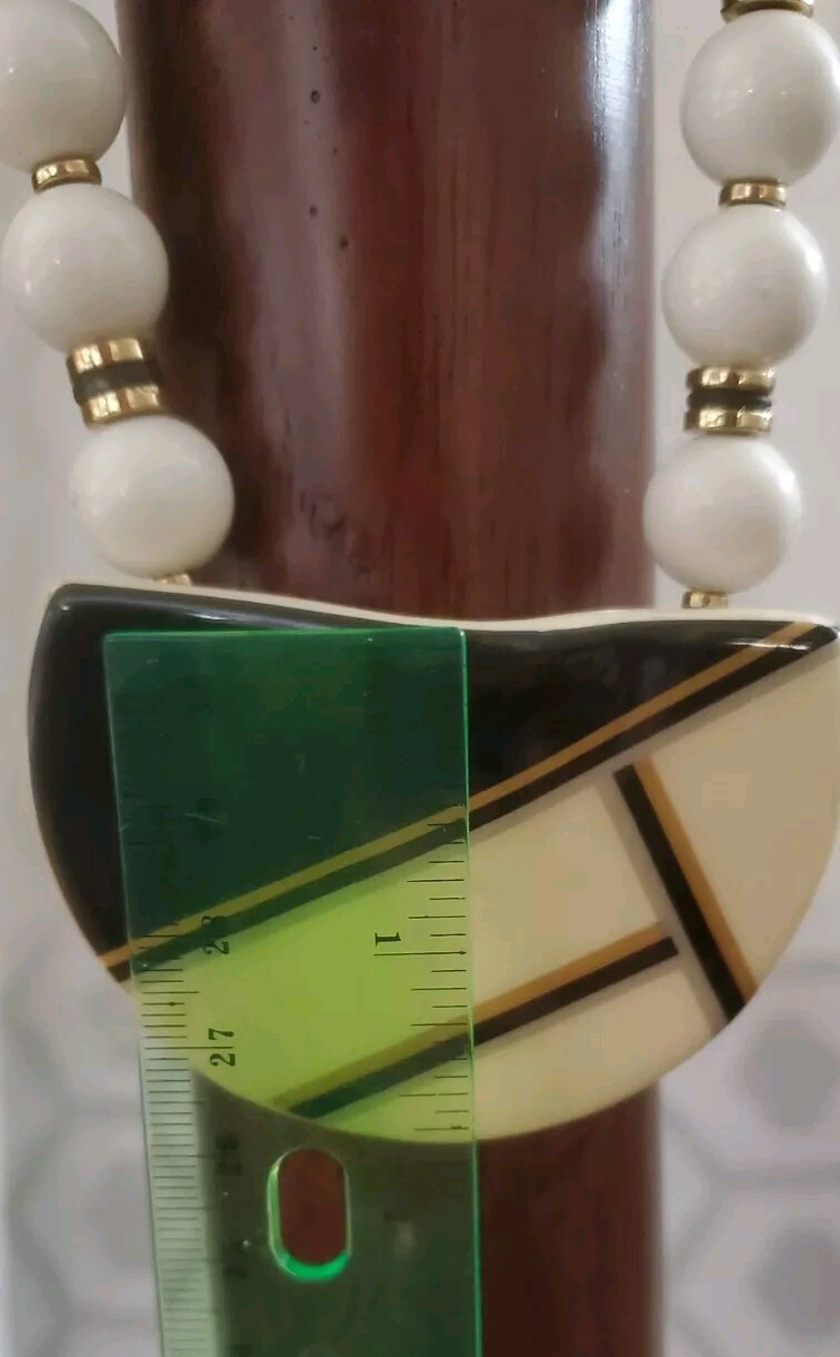 Black Cream White Gold Ceramic Enamel Long Bold Necklace 34″ Vintage