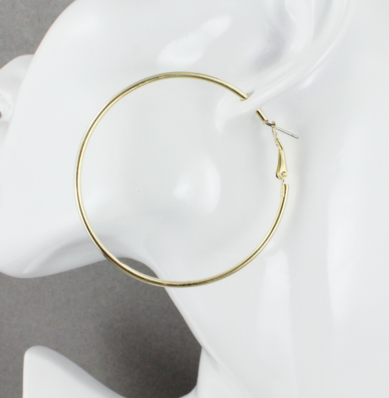 Gold hoop earrings thin skinny hoops 2.25″ wide 2mm wire leverback medium size