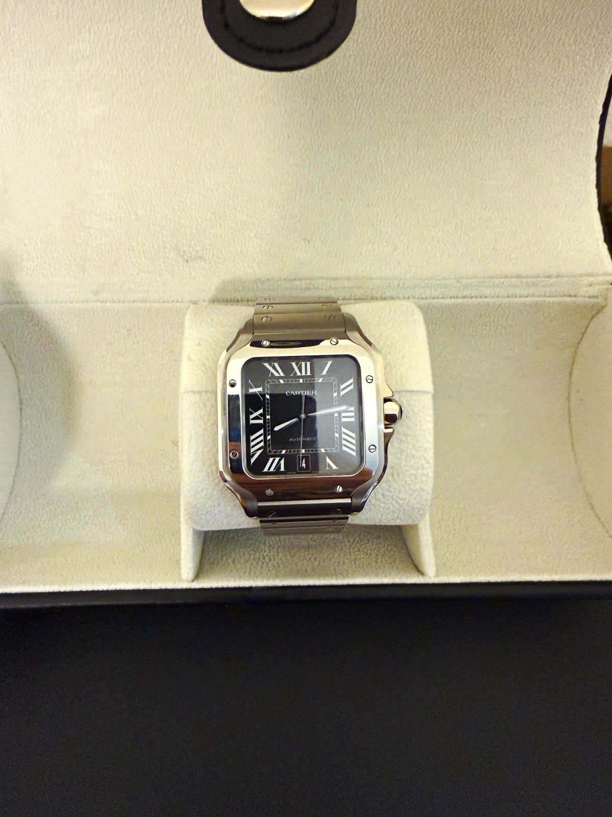 2025 Cartier Santos Automatic Black Dial Date Watch Box/papers additional strap