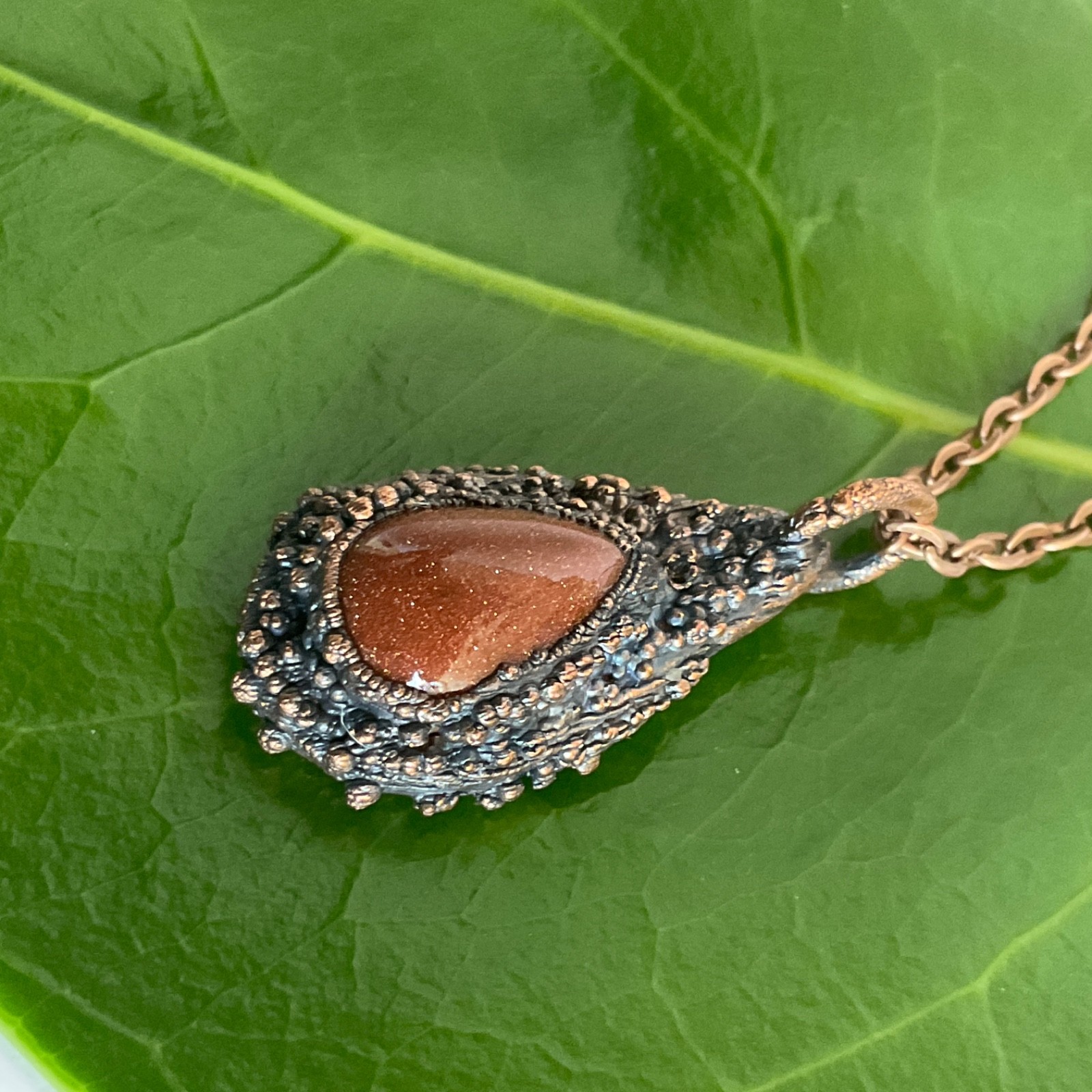 Necklace Copper Pendant Gold Sandstone Gem Stone Handmade Jewelry Chain Metal