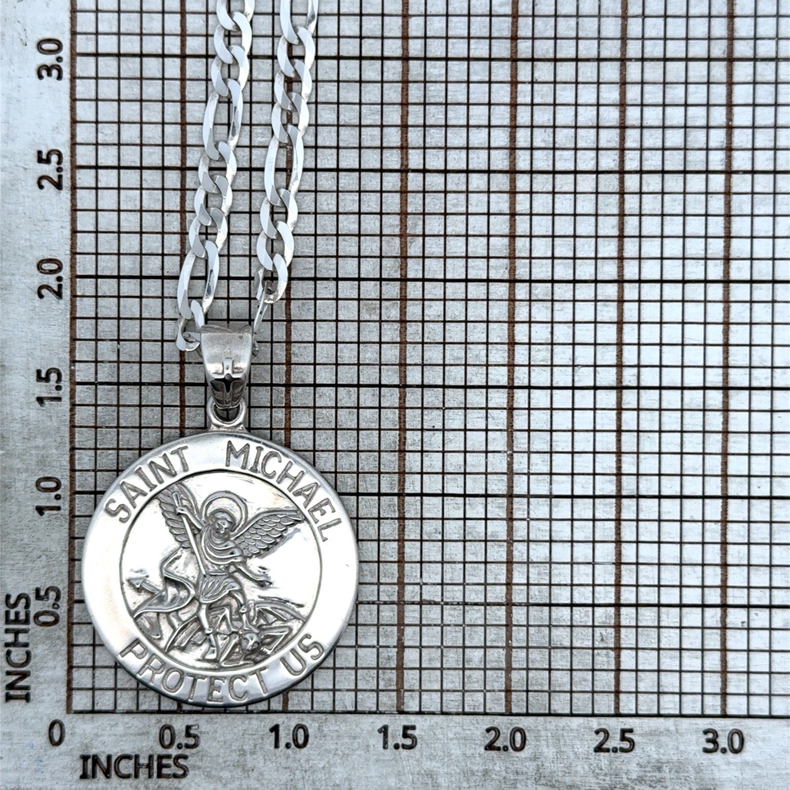 Peter Stone Saint Michael Sterling Silver Pendant On 20” Figaro Necklace, 21.5g