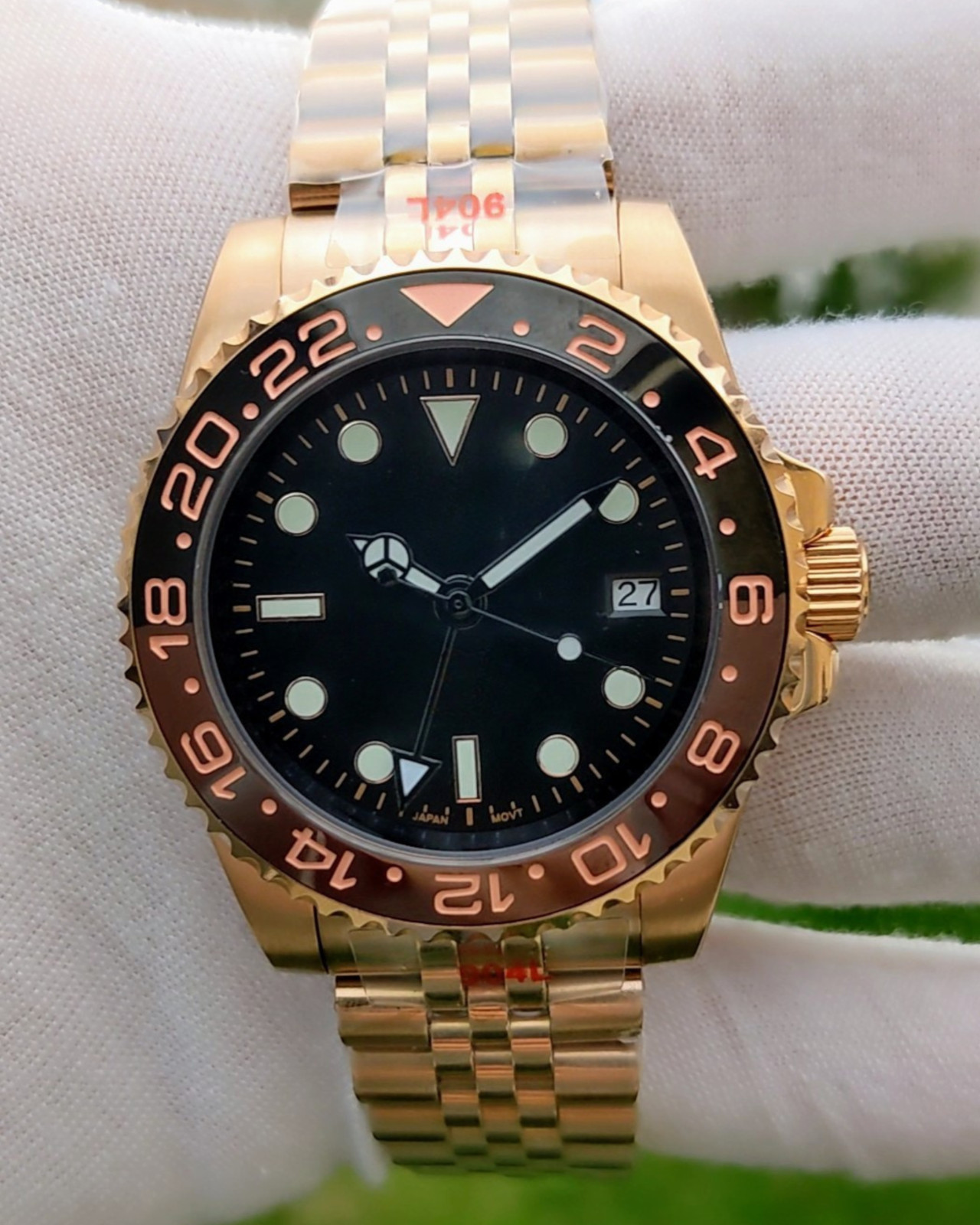 PrimeCrown Rose Gold GMT Automatic | Black/Brown Bezel | NH34