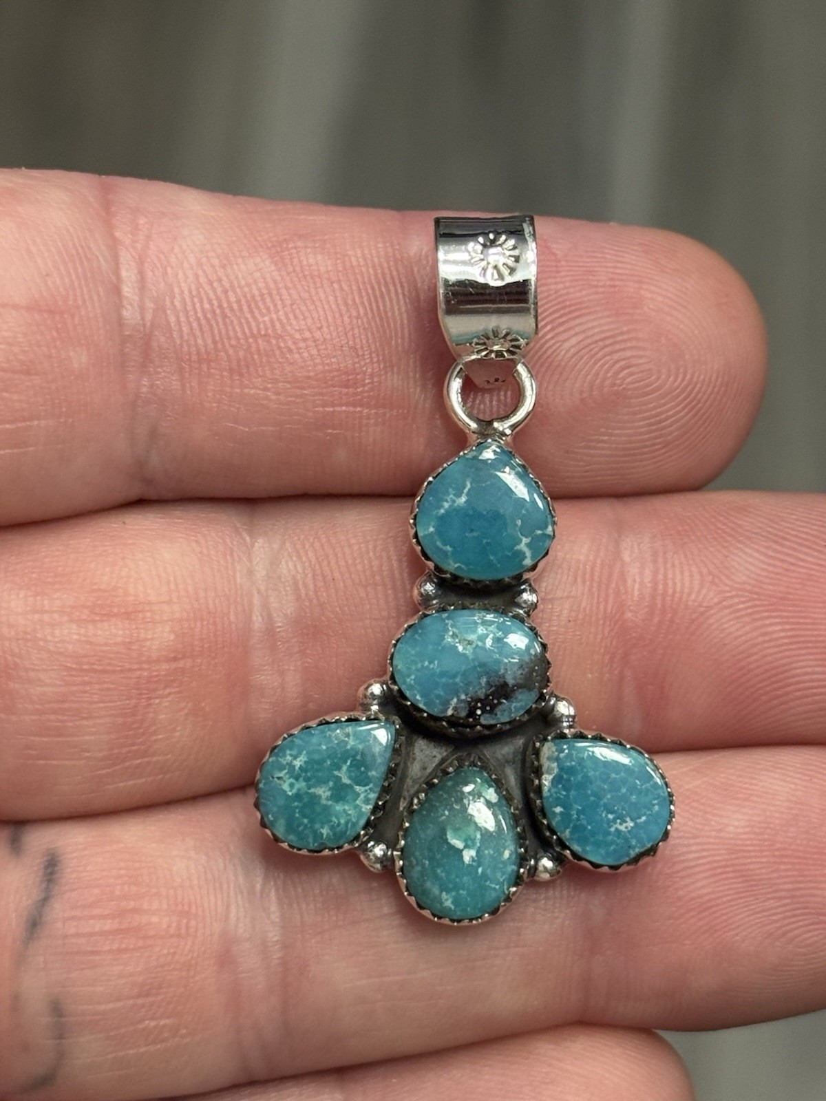 STERLING SILVER WHITE WATER TURQUOISE 5 STONE MIX SHAPE CLUSTER PENDANT .925