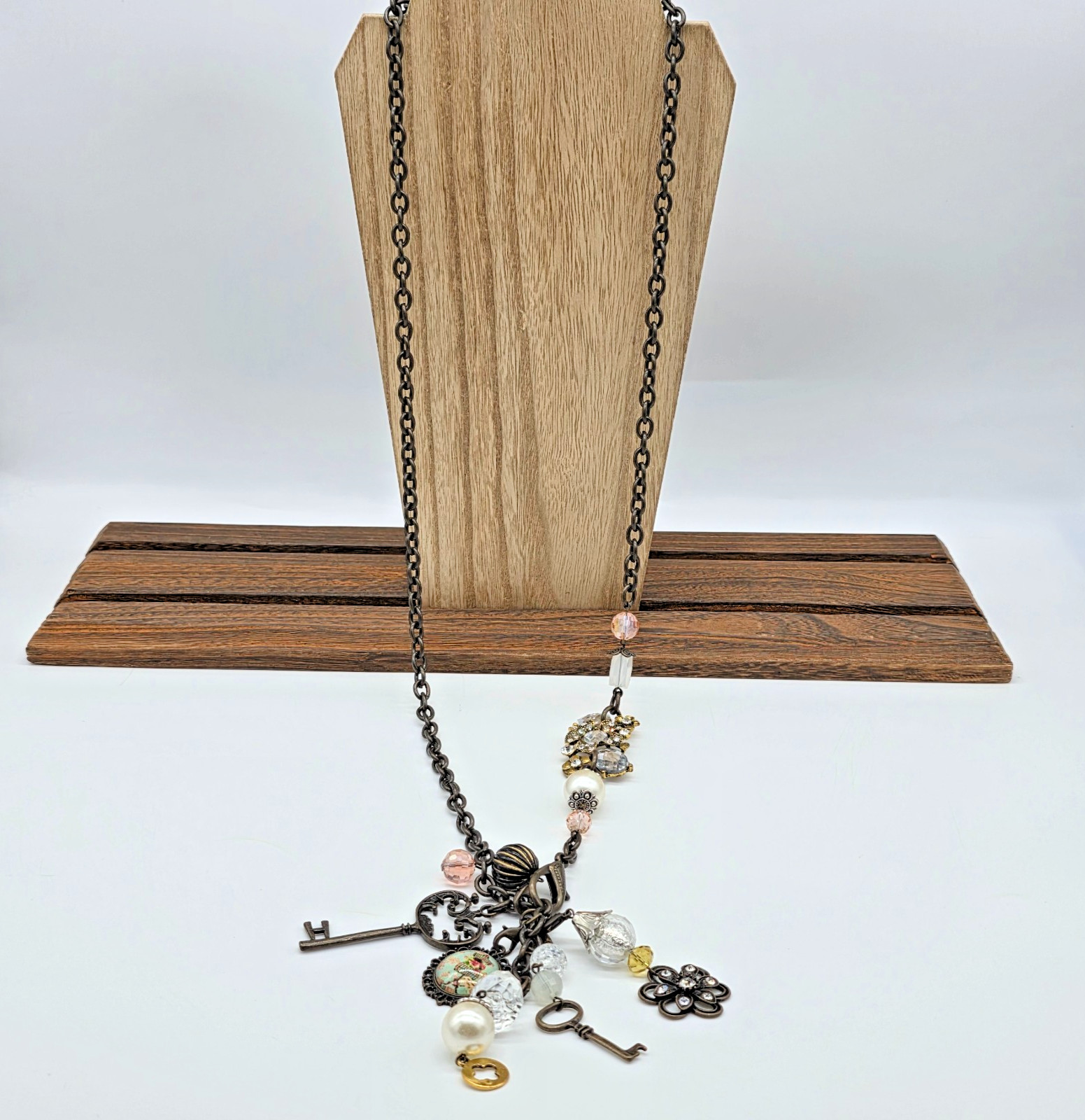 Plunder ADRIENNE Vintage Bronze Pearl Mannequin Key Tassel Charm Necklace 32”