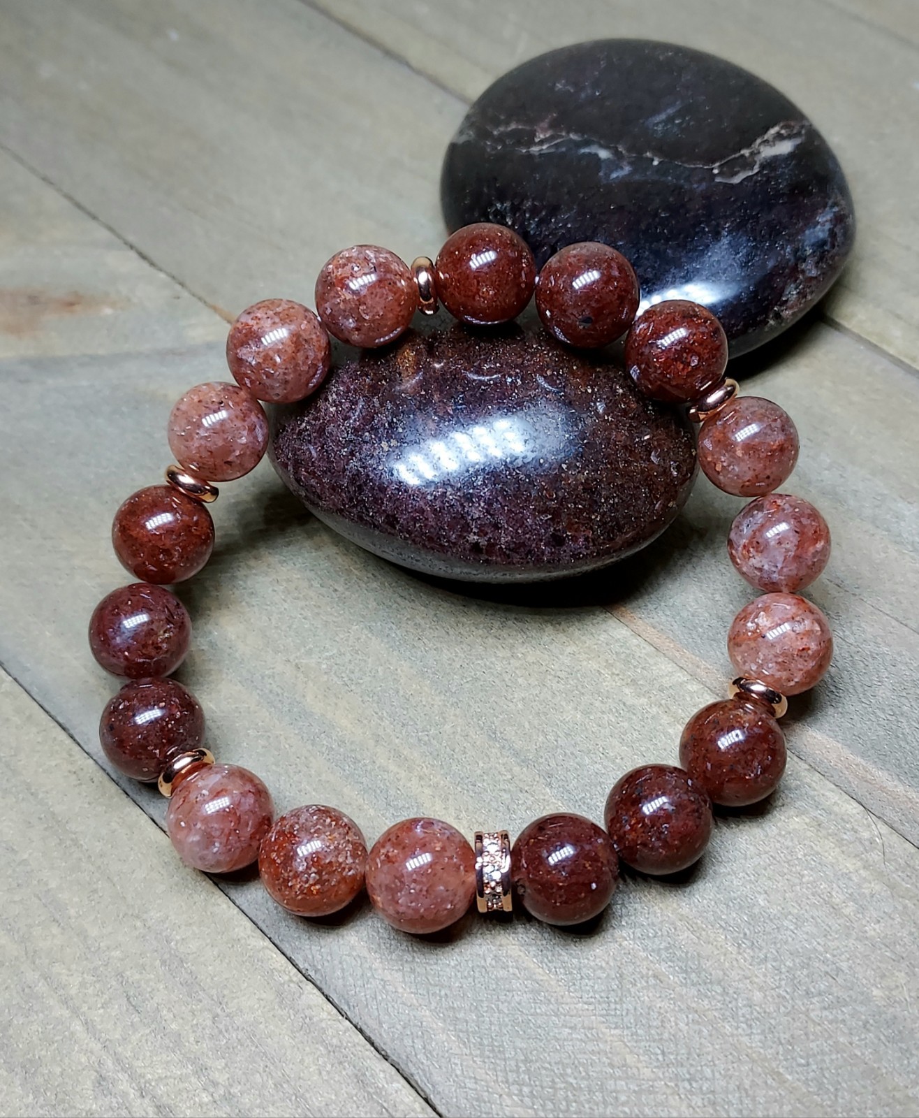 Red Phantom Quartz Gem Bead Bracelet In Rose Gold Stretch One of a Kind 6.75″