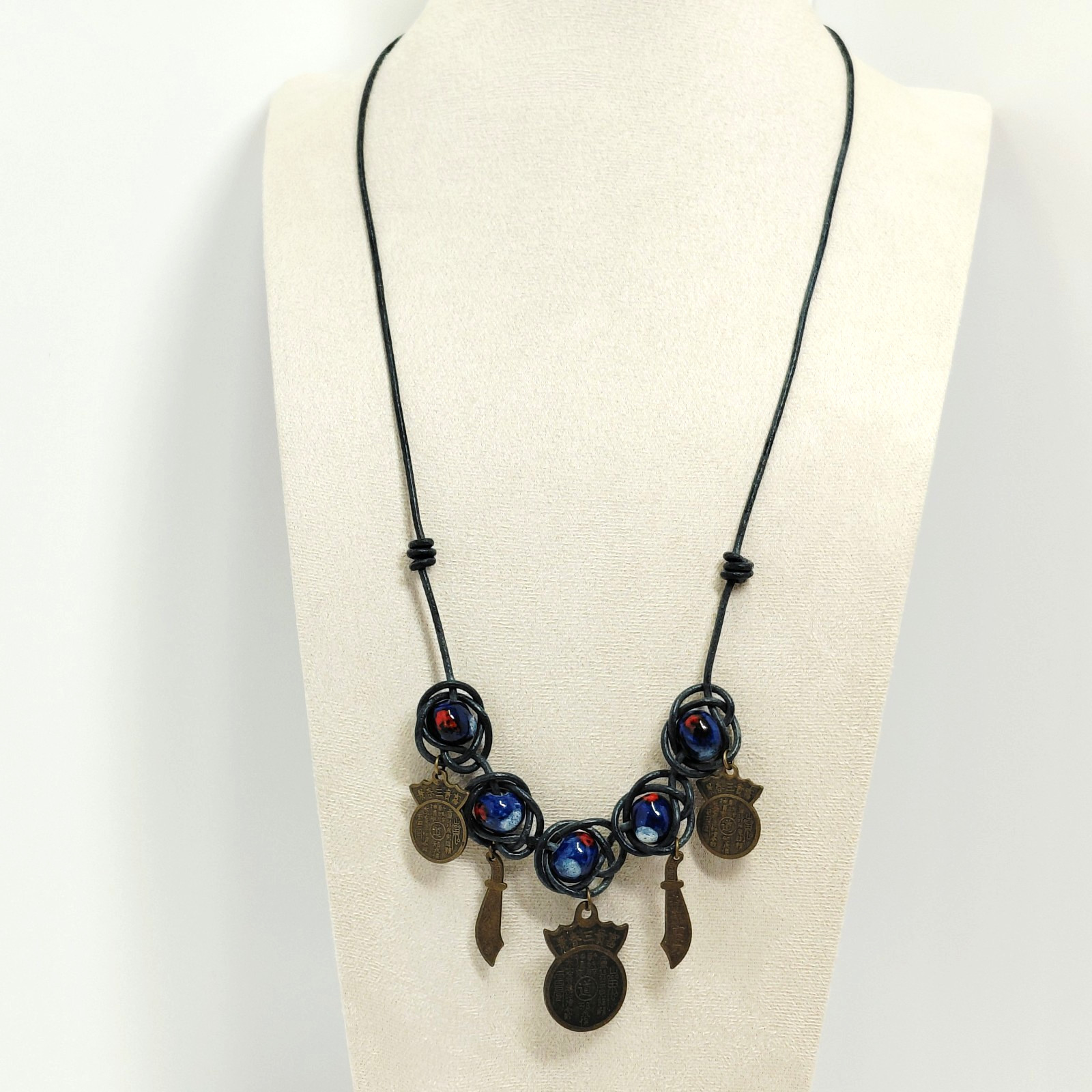 Chunky Ceramic Bead Leather Wrap Necklace Chinese Taoist Bronze Charm Amulet 25″
