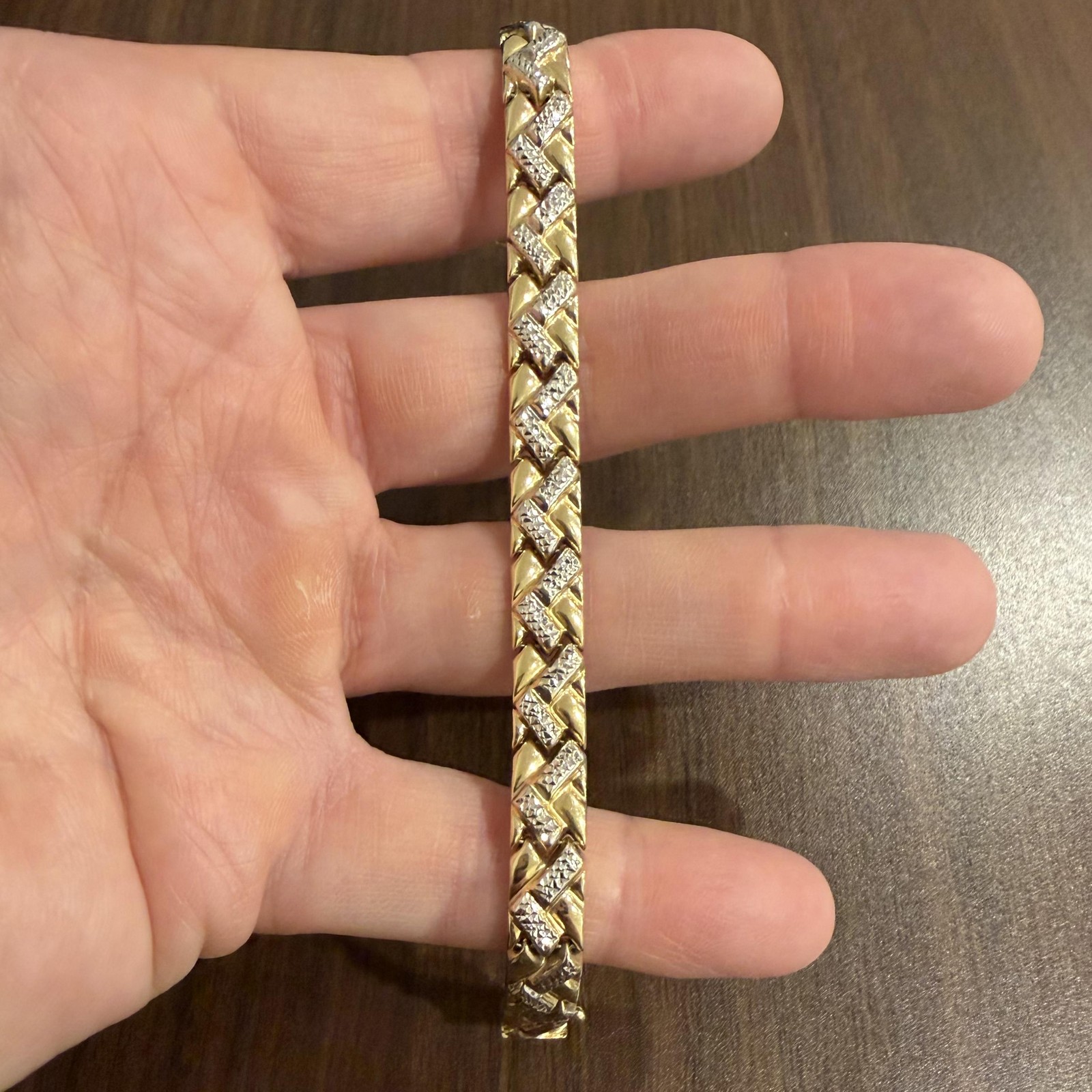 14k Yellow and White Gold 11.7g Diamond Cut Fancy Link Bracelet 7.25″