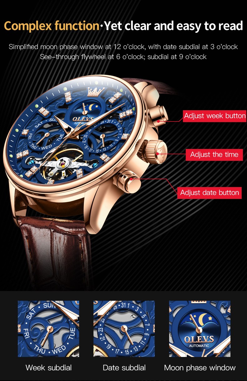 OLEVS Mechanical Watch Date/Week Moon Phase Blue Dial Tourbillon Men Wristwatch