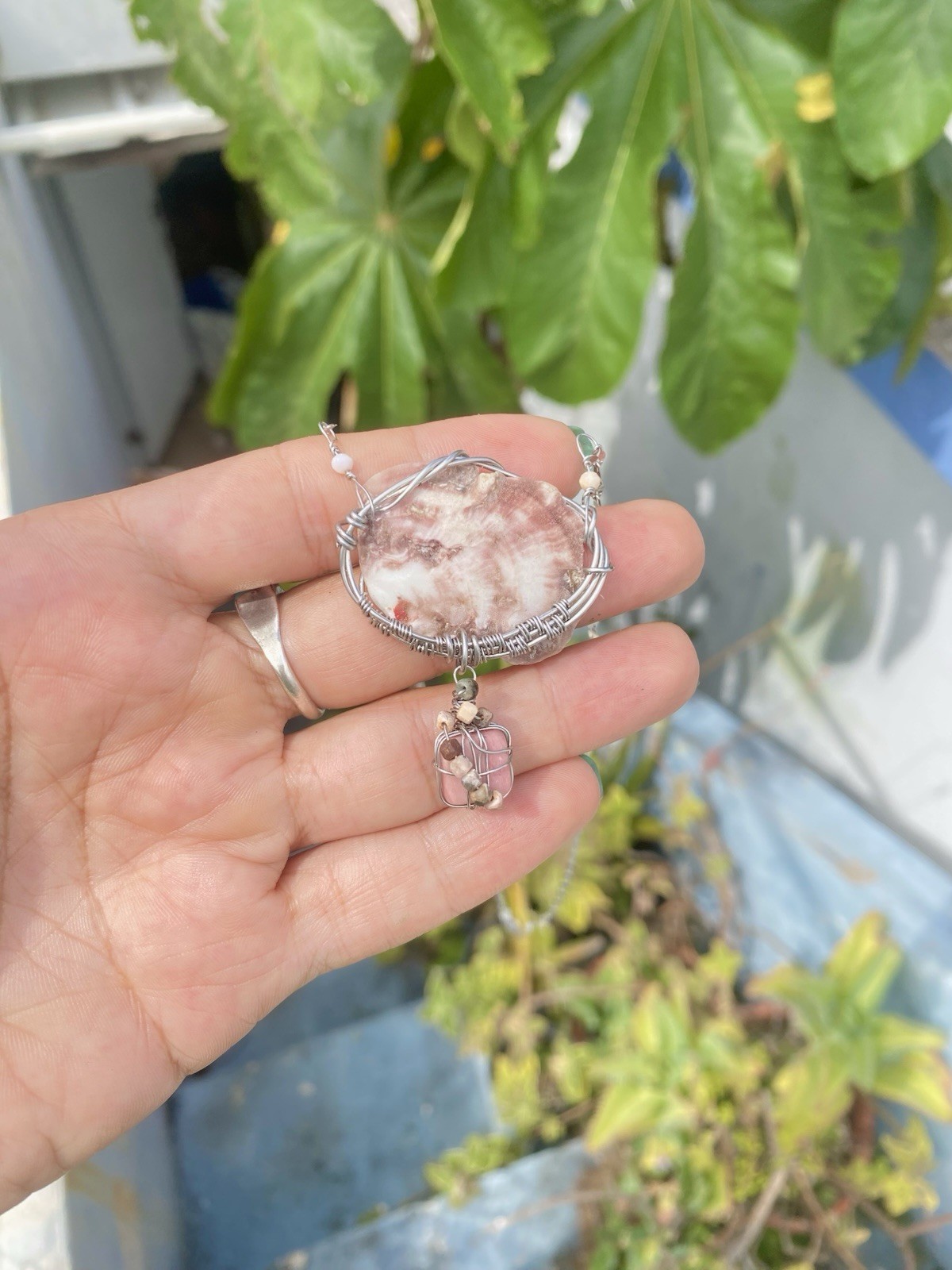 Handmade Aguadilla Seashell Necklace – Unakite & Jasper – Wire Wrapped Steel