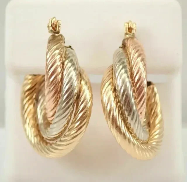 Estate Vintage 14K Yellow Rose White Gold Plated Silver TRI COLOR Hoop Earrings