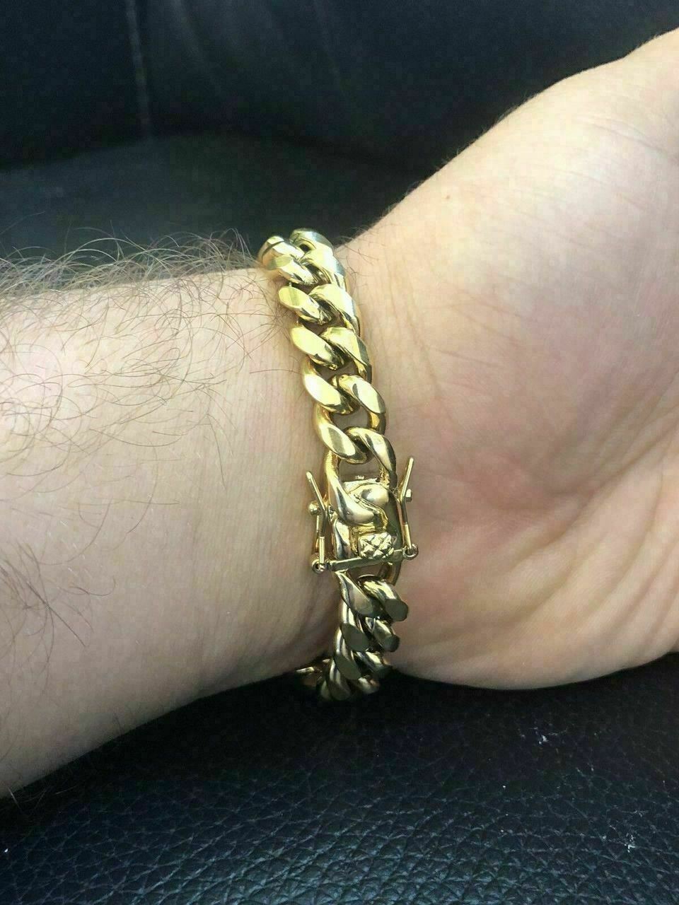 Pulsera y Cadena Cubana Para Hombre 10mm Baño De Oro 14k Sobre Acero Inoxidable