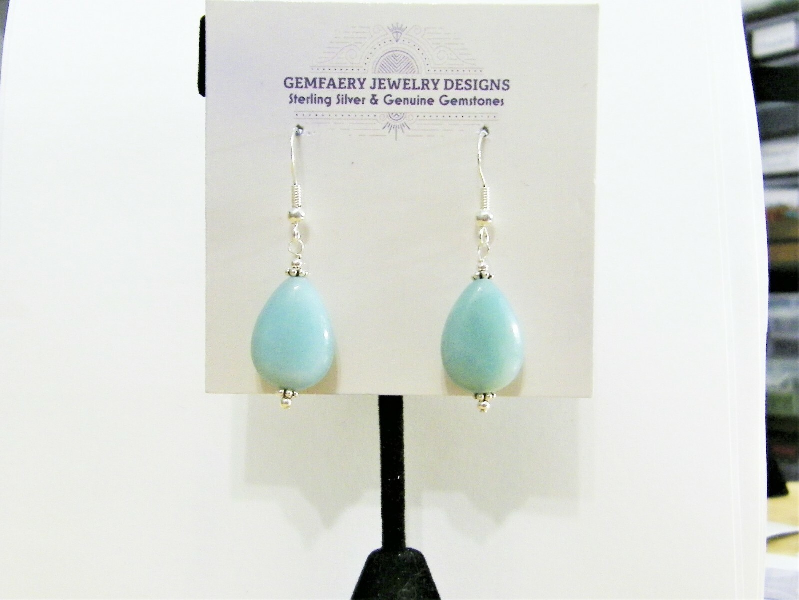 Sterling Silver Natural AMAZONITE Teardrop Dangle Earrings #6328…Handmade USA