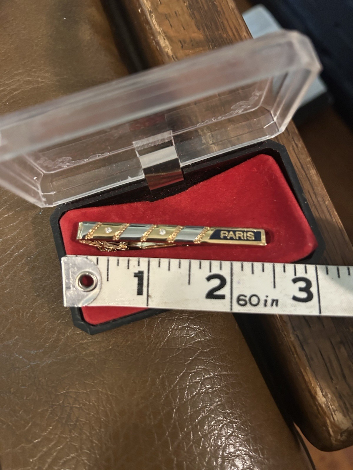 Vintage Two Tone Gold & Silver Color PARIS Tie Bar Clip With Chain