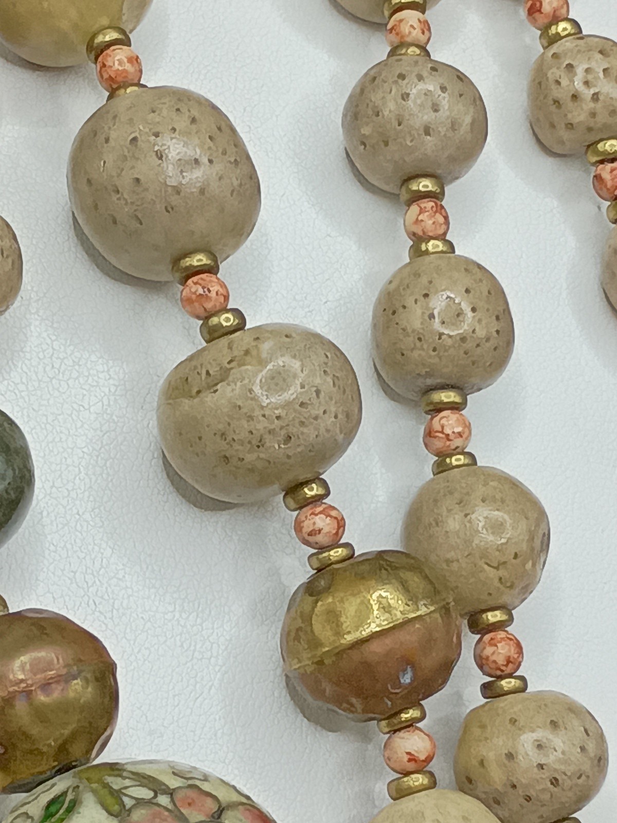 Vintage Chinese Export Cloisonne Floral Beaded Necklace Clay Brass 32” Long