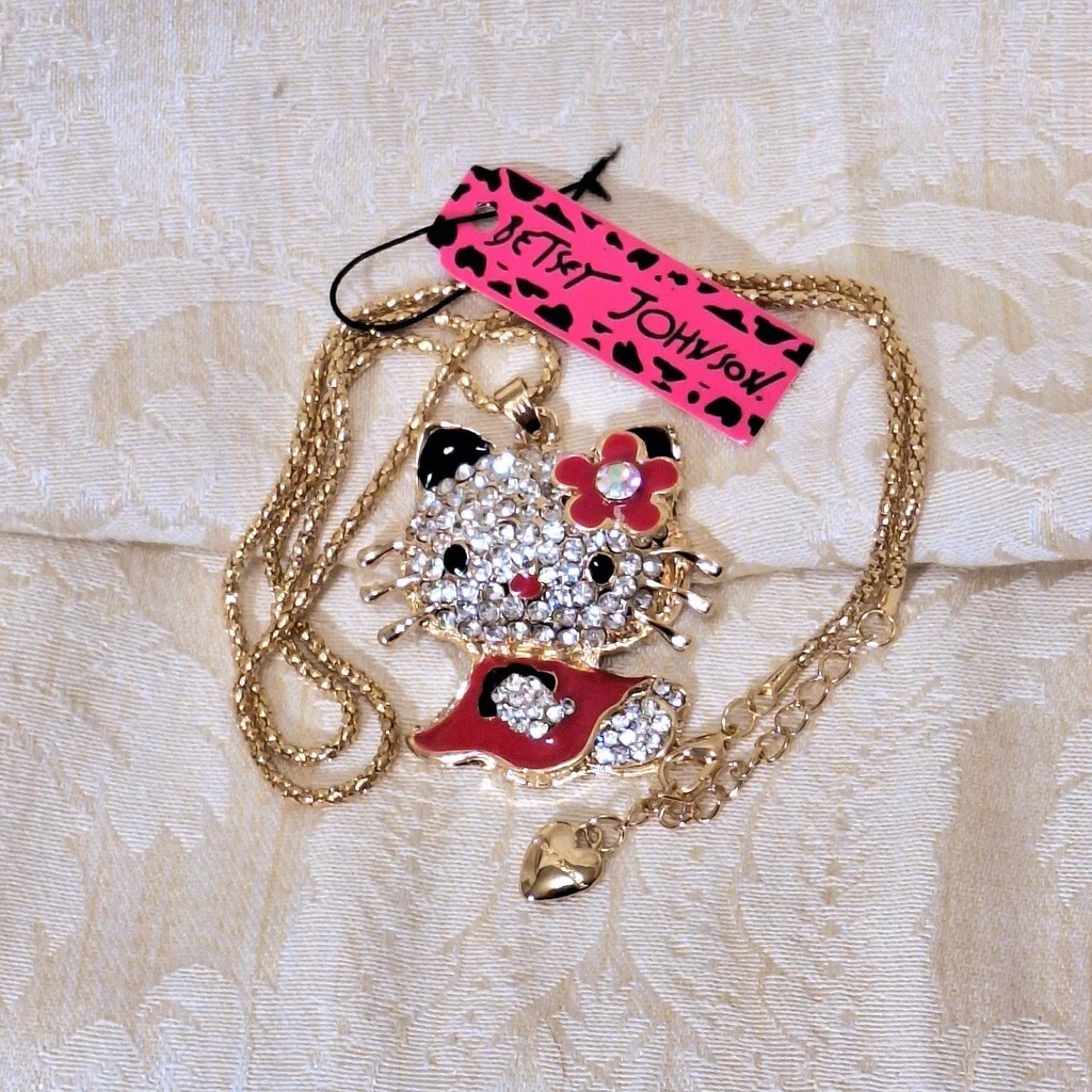 “Hello Kitty” cat pendant necklace Red & black enamel, silver rhinestones