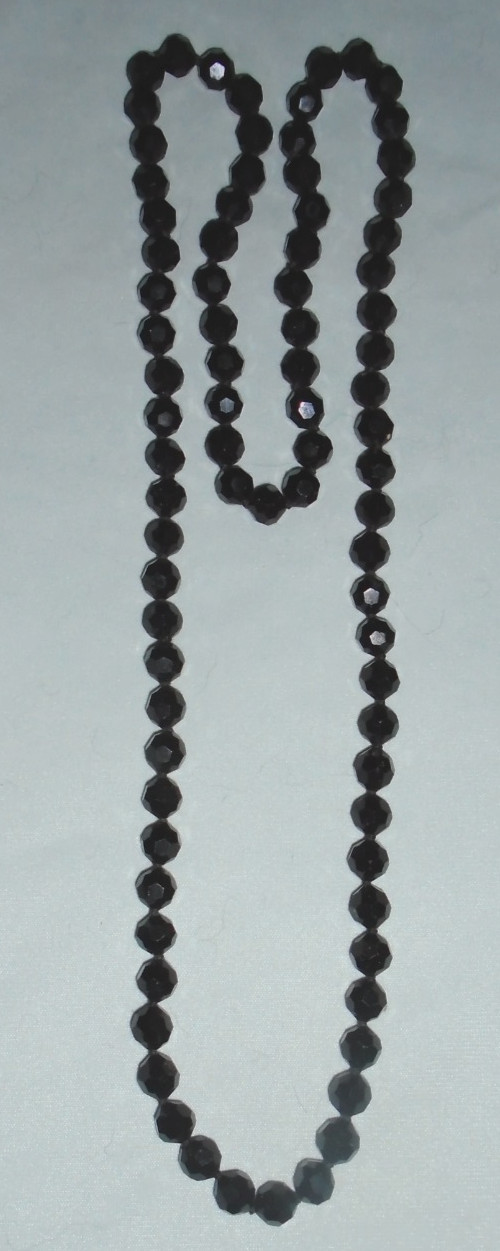 Jet Black Glass Knotted Beaded 36″ Necklace 3/8″ Faceted Beads VTG FREE SHIP