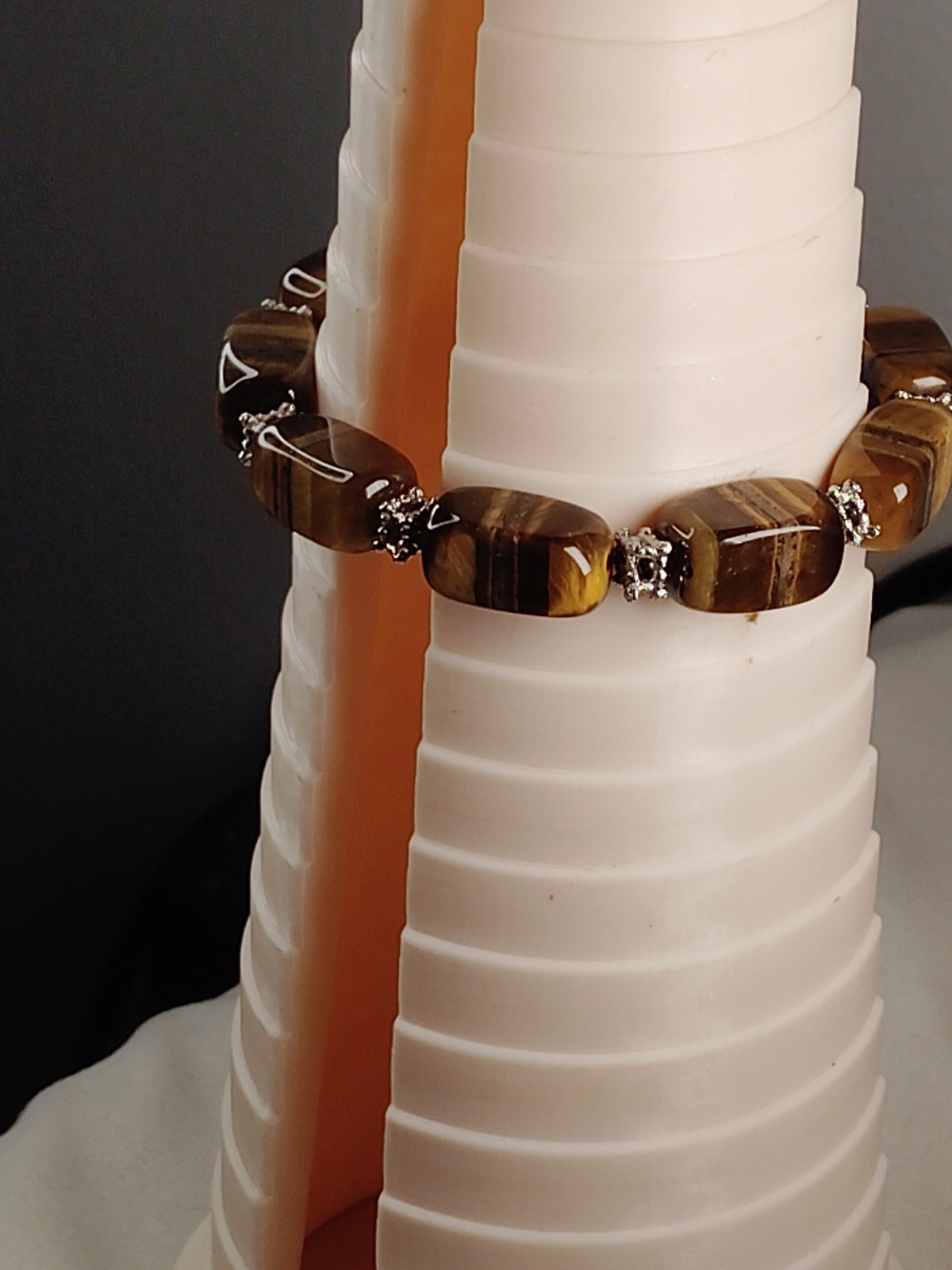 Tiger’s Eye Brown Beaded Stretch Bracelet Silver Spacer Beads 7.25″