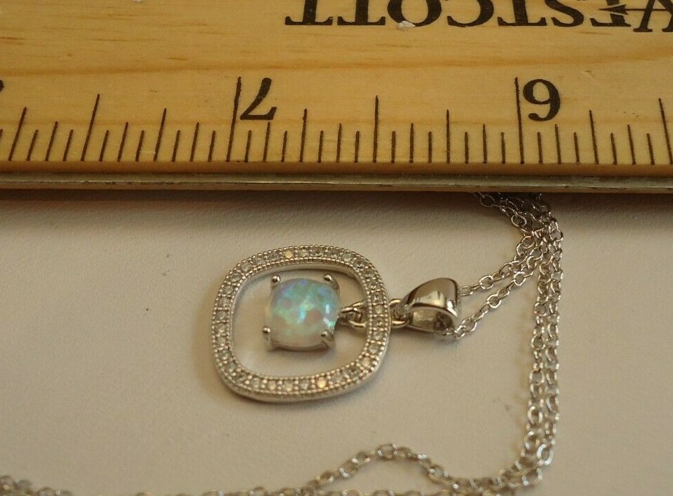 OPEN ROUND SQUARE NECKLACE PENDANT W/LAB ACCENTS & OPAL / 925 STERLING SILVER
