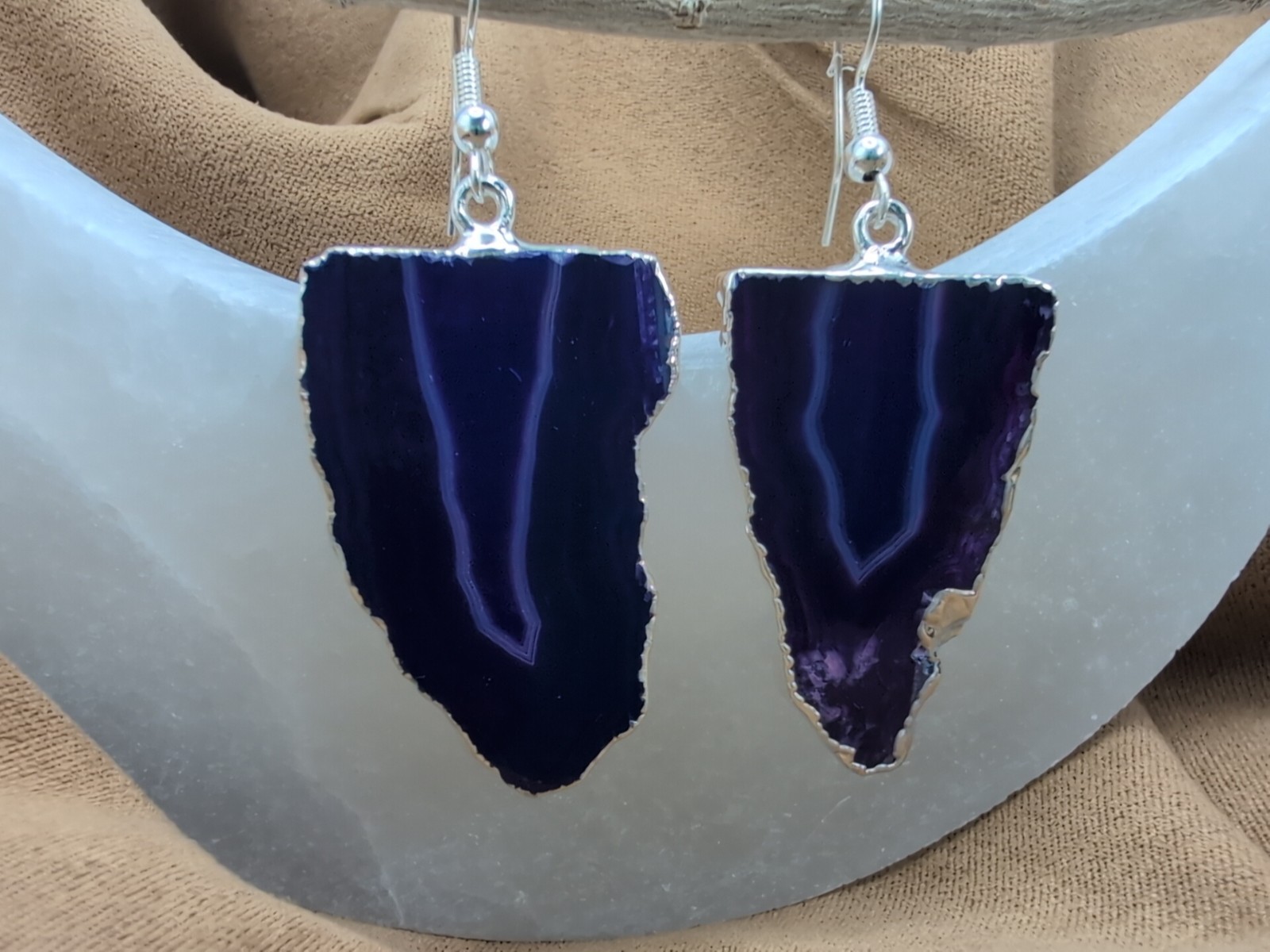 Natural Purple Agate Geode Slices Hook Earrings With Silver Plated Edge Brazil