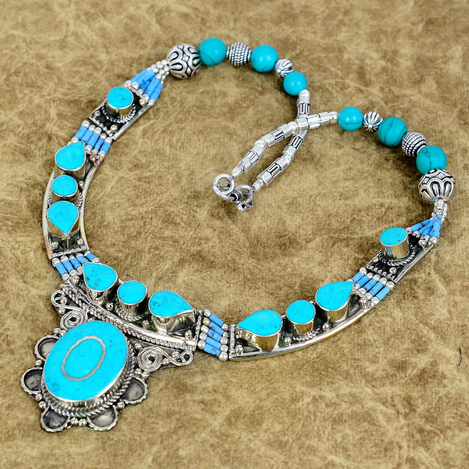 Natural Turquoise Necklace 925 Sterling Silver Handmade Nepali Boho Jewelry SC55