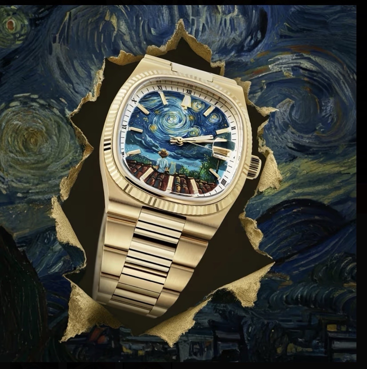 CILOA Analog Quartz Watch Date Tachymeter Art Dial Cushion 40mm SS Bracelet