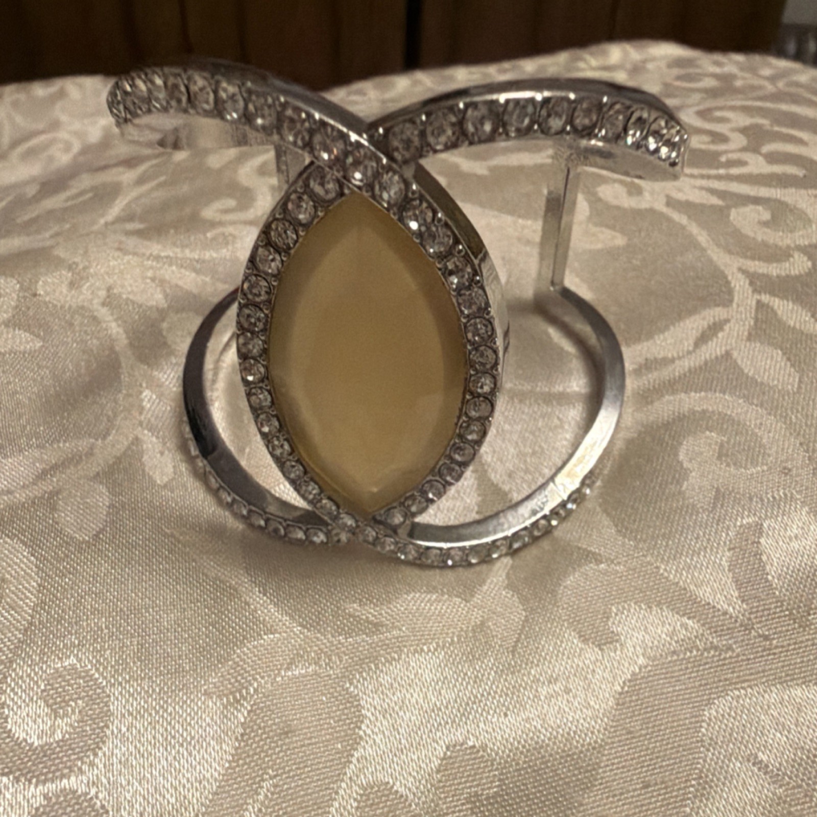 Generic Silver Tone Open Cuff Bracelet Marquise Beige Center, Clear Accents