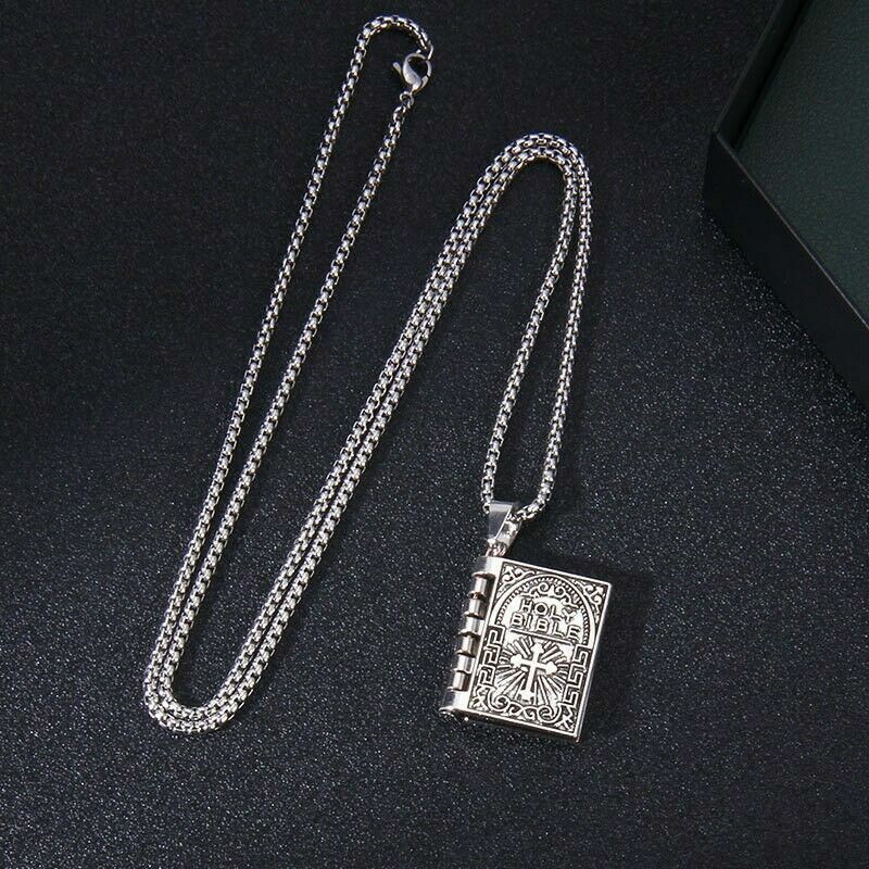 Openable Holy Bible Book Pendant Necklace Prayer Bible Verse Faith on God Unisex