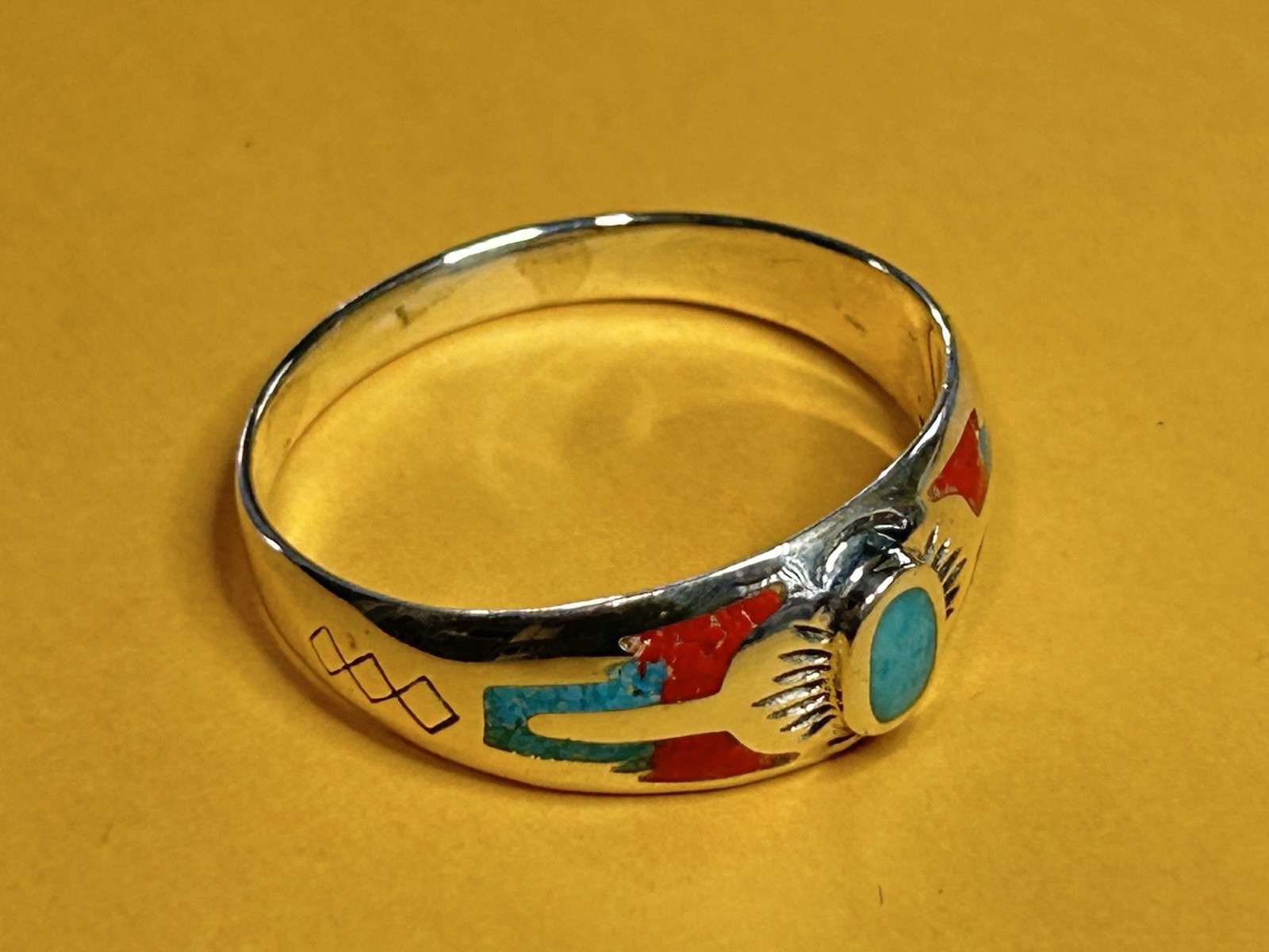 Southwest Silver Ring Native American Indian Style Turquoise with Red Coral