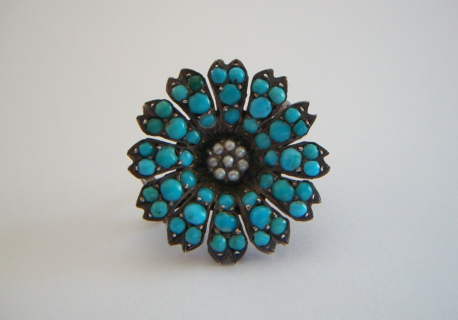 Victorian Pavé Set Turquoise & Seed Pearl Flower Brooch – Germany – Circa 1850