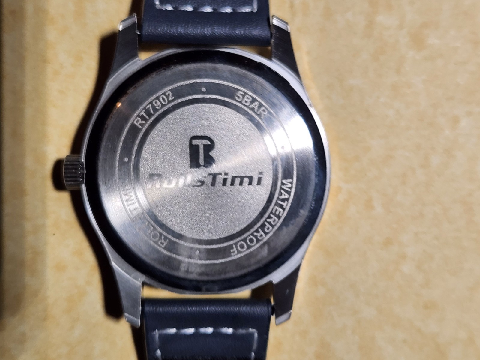 TJBSTimi Quartz Analog Black Dial 12/24hr Lume Silver Steel Leather Strap 3ATM