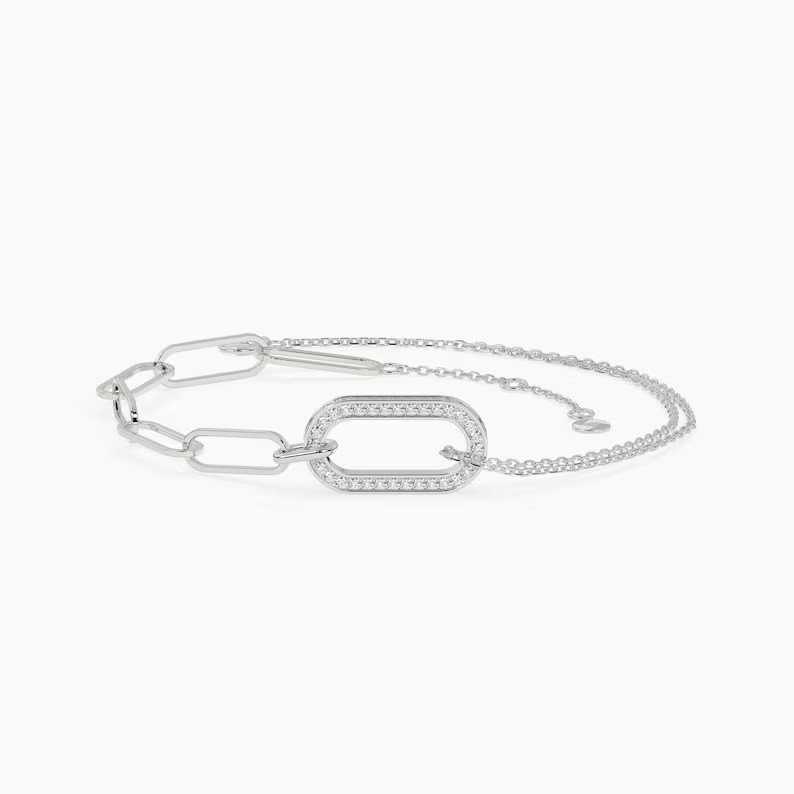 Paperclip Chain Link Statement Bracelet Round Moissanite 14K Yellow Gold Plated