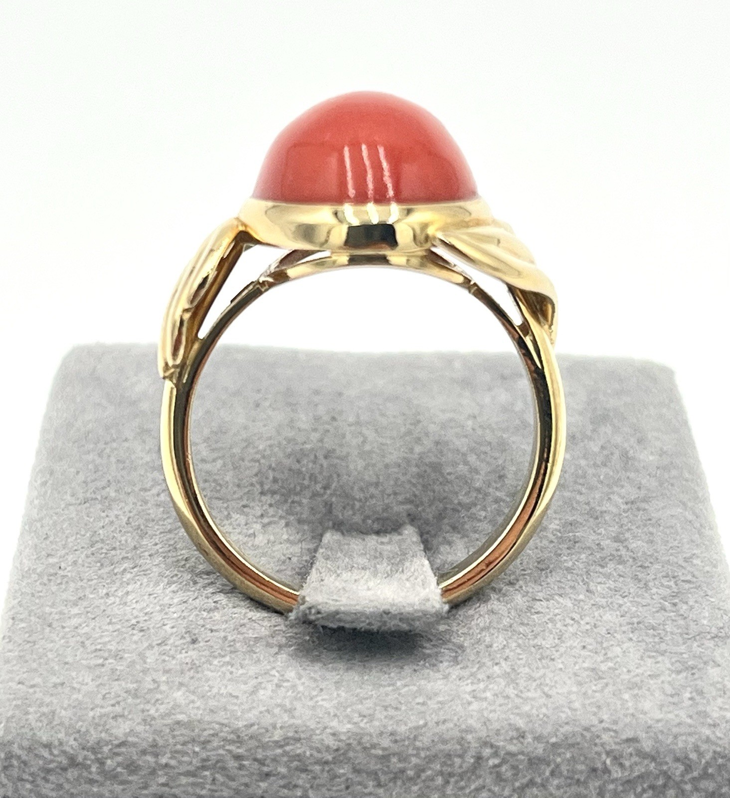18Kt Gold Mediterranean Red Coral 16mm Cabochon Tower of the Greek Ring M+M
