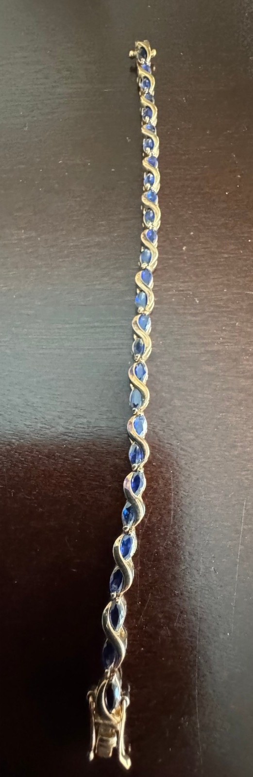 STERLING SILVER GOLD PLATED 925 TENNIS BRACELET WITH BLUE STONES 7.5 INCH LONG