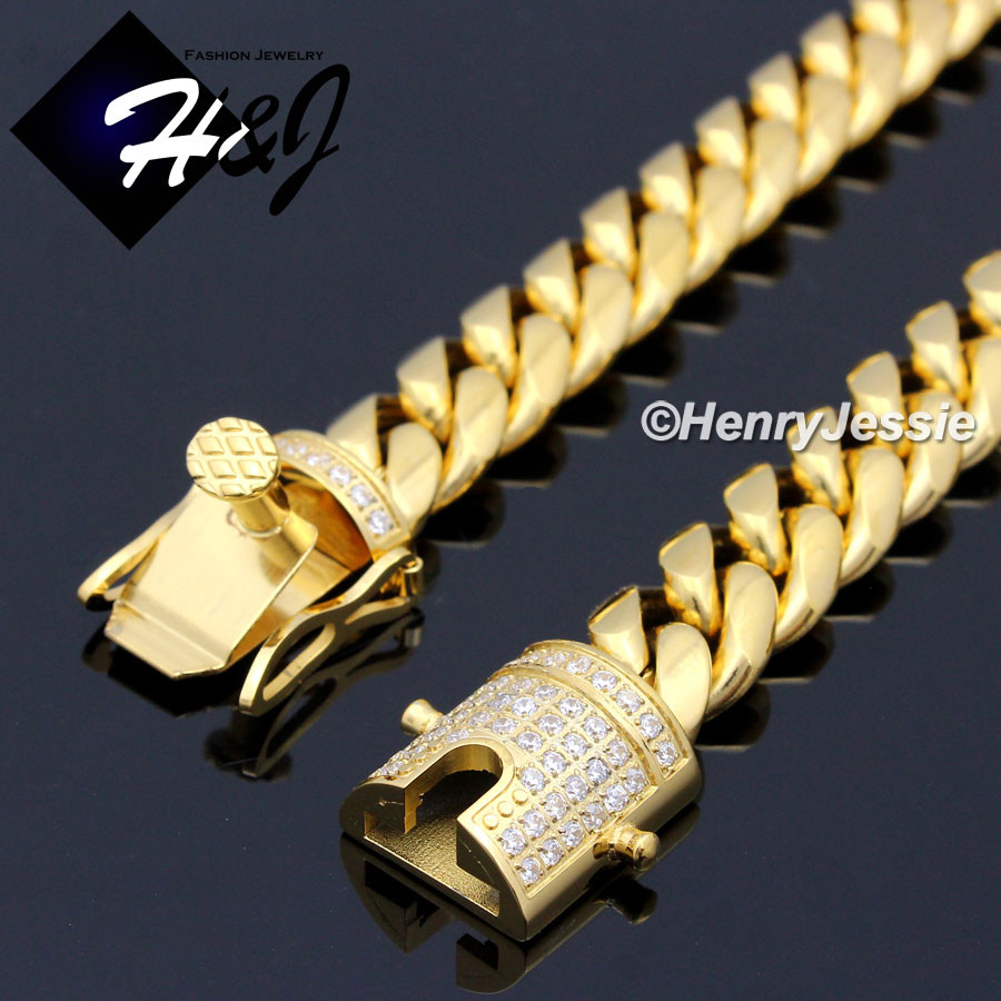 18″-40″MEN Stainless Steel 7mm Gold Plated ICY CZ Miami Cuban Necklace*GN158