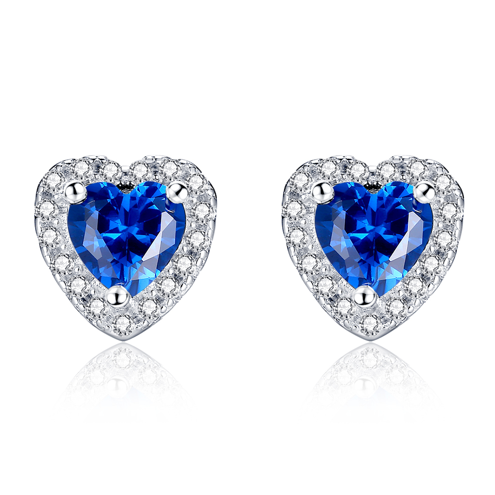 Solid Sterling Silver Simulated Blue Sapphire Heart Shaped Stud Earrings