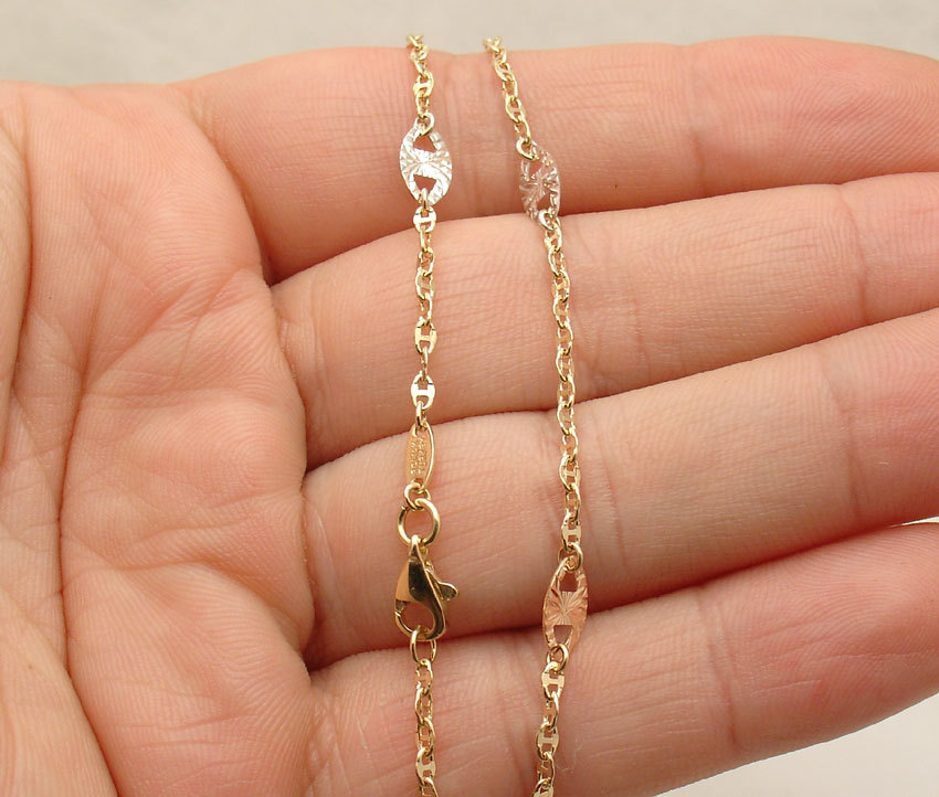 Diamond Cut Mariner Link Ankle Bracelet Anklet Real 14K Tri-Color Gold