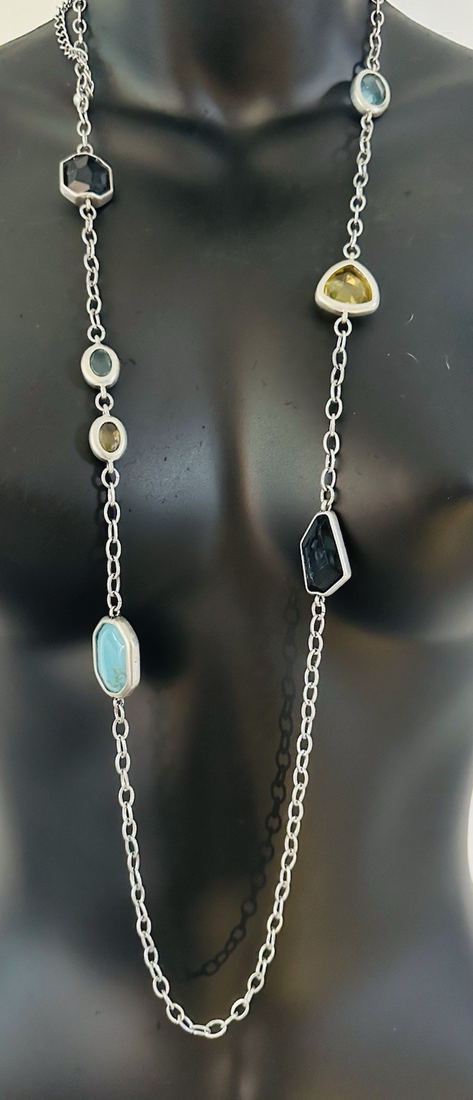 Chico’s Signed Silver Tone Station Chain Necklace Multicolor Bezel Crystal