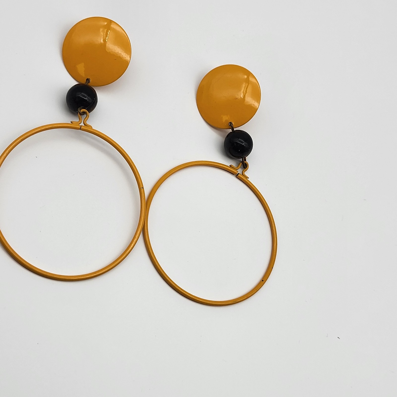 Fabulous Vintage Mustard Yellow Enamel Disco Hippie Earrings Large Hoops Bold
