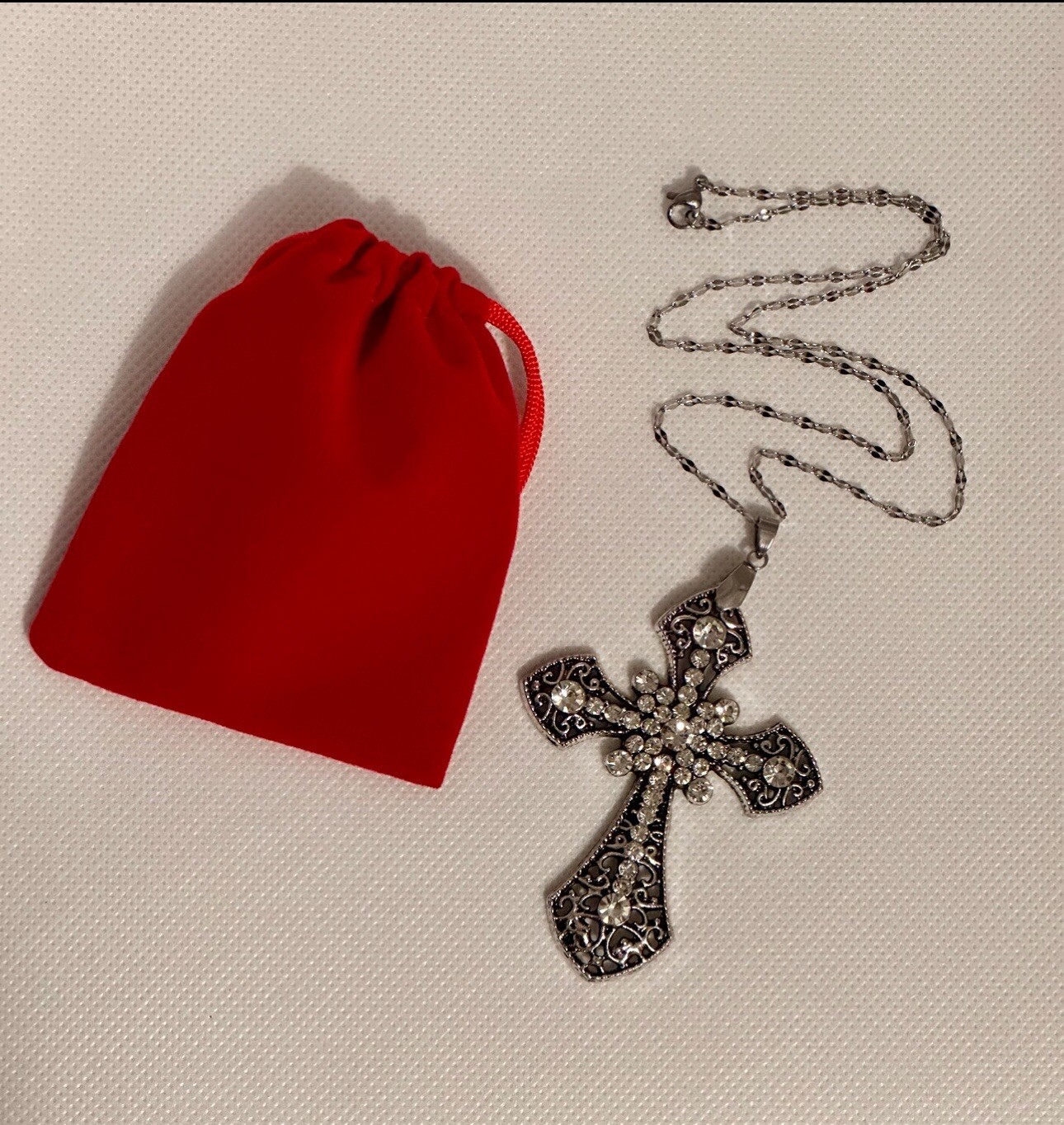 Large Victorian Cross Necklace Chain Silver Religious Gothic Grunch Whimsgoth