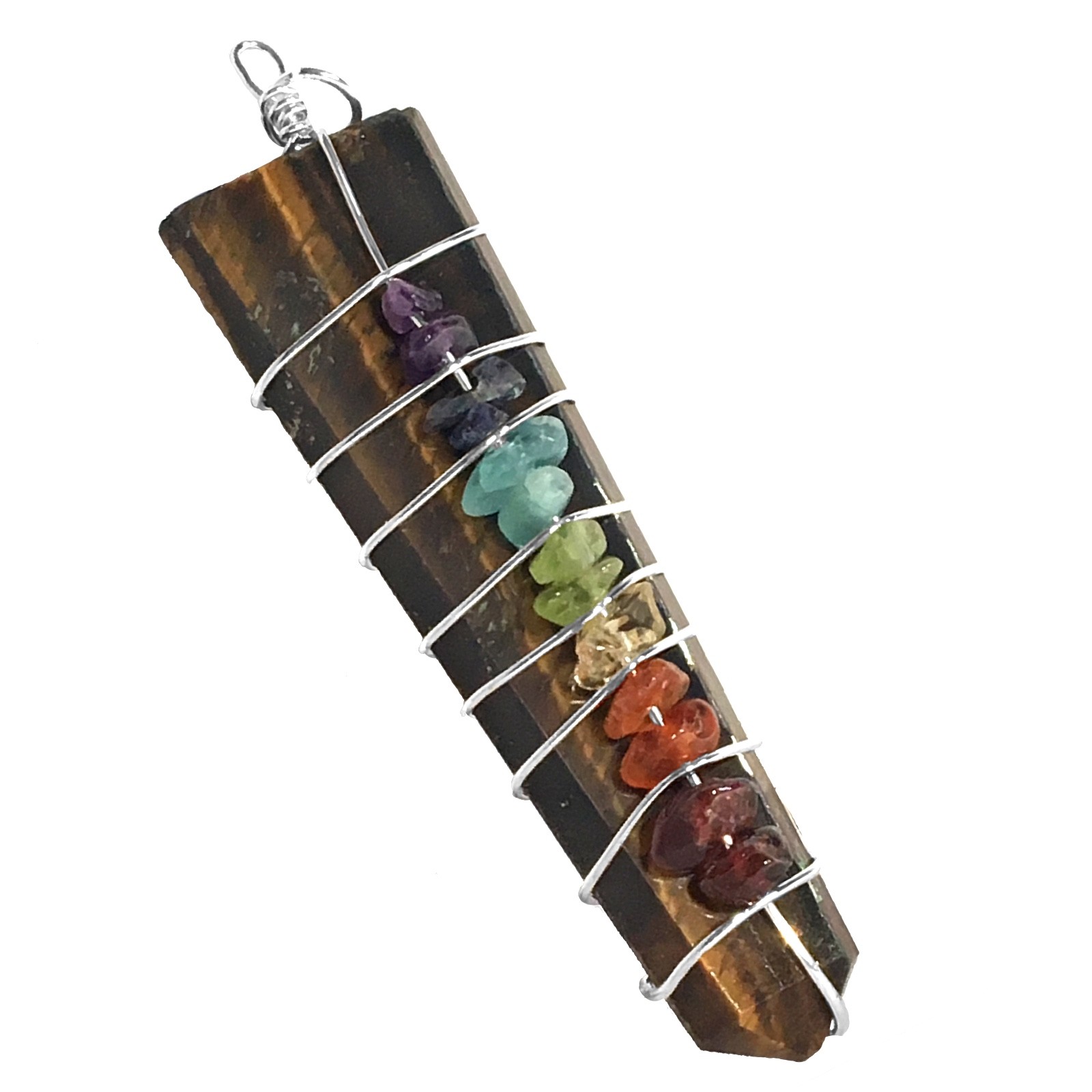 Tigers Eye 7 Chakra Wire Wrap Pendant Necklace HANDMADE Point Reiki CHARGED