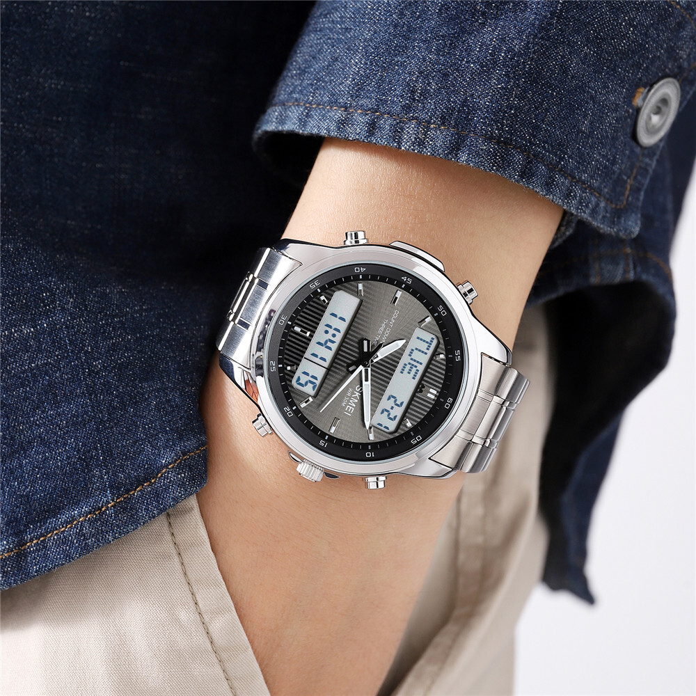 NEW Men Quartz Watch Silver Steel Digital Wristwatch Male Sport LED Watch Gifts