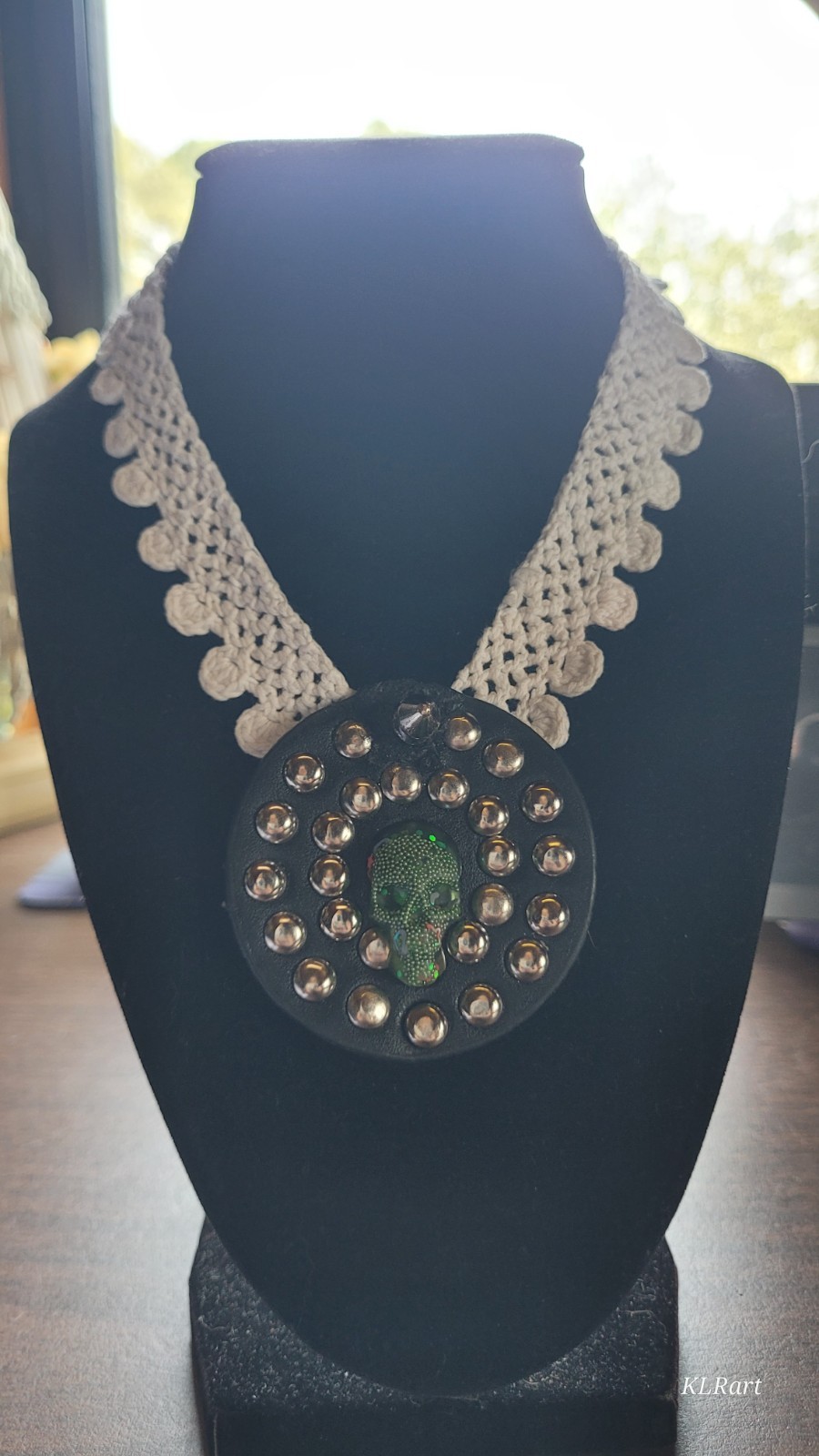 Homemade faux leather snap lace epoxy skull choker, Halloween themed