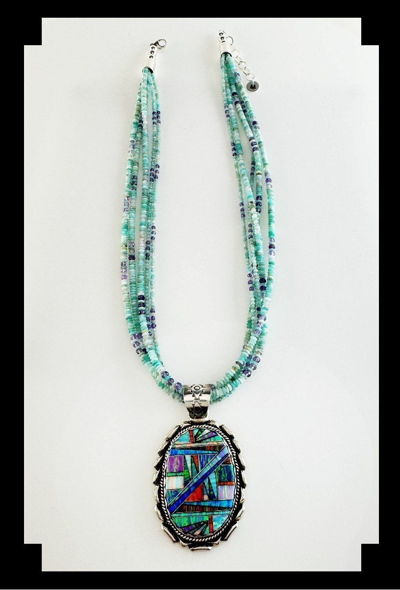 White Fox Creation: Dazzling Opalite Inlay Pendant on Gemstone Necklace