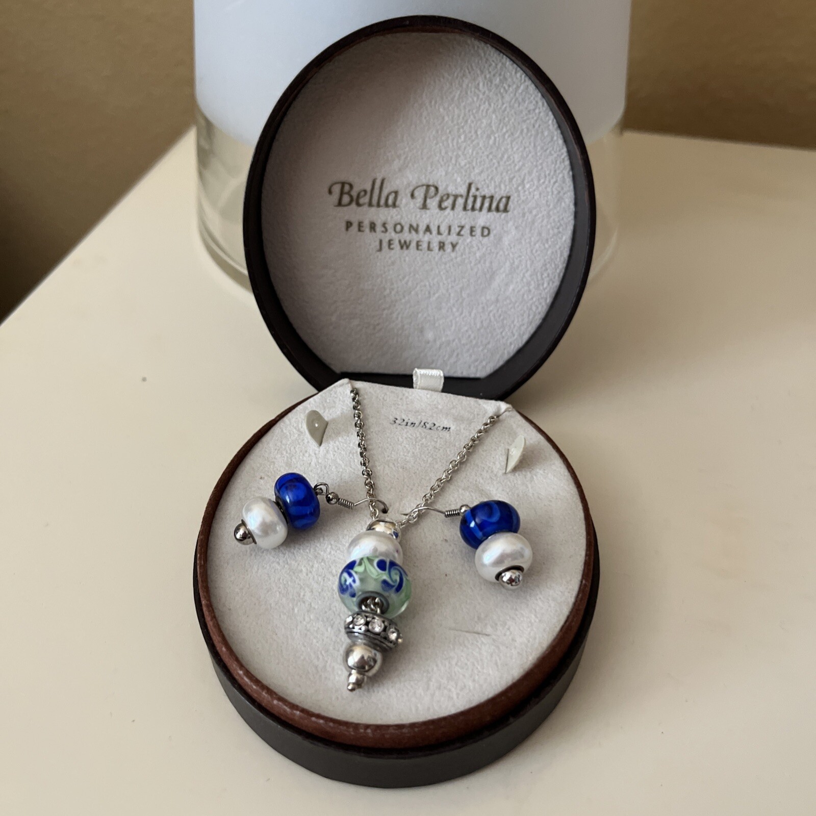 NIB~Bella Perlina Charm & Crystal Bead Earrings & Necklace Set Blue Beach 28″L